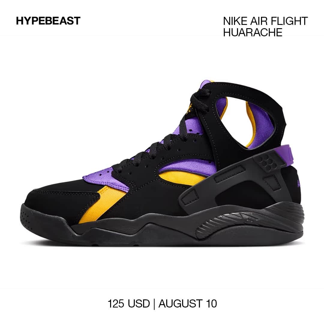 HYPEBEASTさんのインスタグラム写真 - (HYPEBEASTInstagram)「@hypebeastkicks: Three months ago, @nike revealed that it would be recreating Kobe Bryant’s Air Flight Huarache “Lakers Away,” releasing it to the general public. ⁠ ⁠ Its color composition borrows the @lakers' “Varsity Purple” and “Del Sol,” placing the iconic colors beneath a dominant black hue. As for material composition, a mixture of neoprene, canvas and nubuck combine across the upper with yellow branding on the tongue and purple hits at the heel.⁠ ⁠ Expect the shoe to hit the shelves beginning August 10 via Nike and select retailers for $125 USD.⁠ Photo: Nike」7月30日 14時00分 - hypebeast