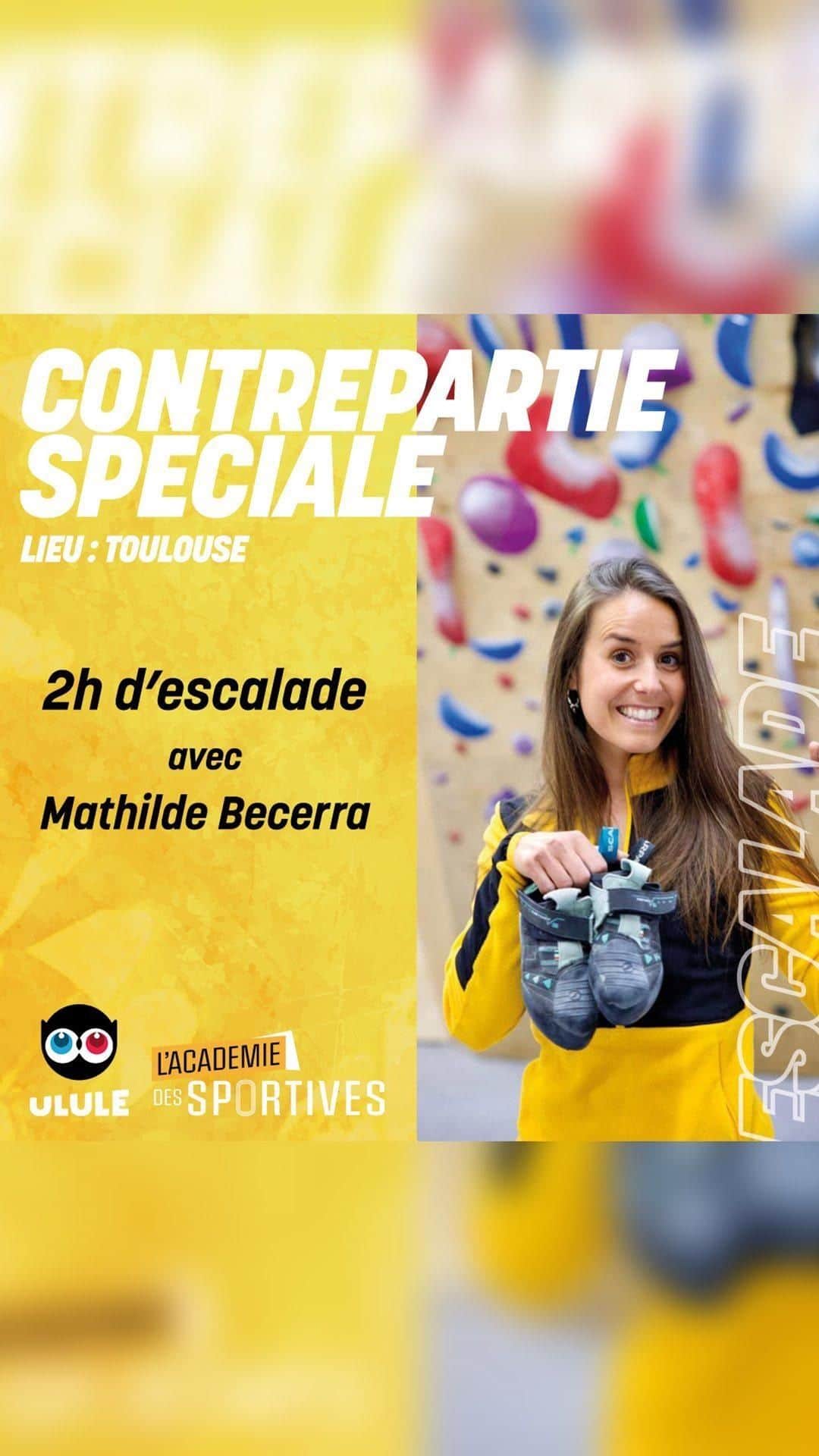 マチルド・ベセーラのインスタグラム：「🎁Contrepartie spéciale #1  🧗‍♀️La grimpeuse de haut niveau @mathildebecerra vous propose une initiation ou un perfectionnement à l'escalade à Toulouse !  Pour cela RDV sur la campagne sur Ulule pour réserver ta place ➡️ lien dans notre bio instagram !  📸 @vincent_grimpe」
