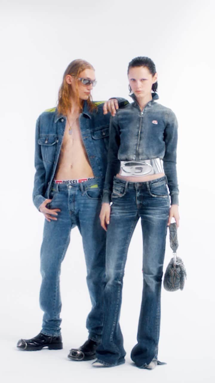 ディーゼルのインスタグラム：「Raw cuts.  Discover the new season of denim, including a bootcut, split hem jean with raw edge trim for women, and Neon Pop infused indigo for men.  New styles are made using low impact materials, such as organic and recycled cotton, that are better for people and the planet.  Tap to shop and discover more at the link in bio.  #ForSuccessfulLiving #DieselFW23」