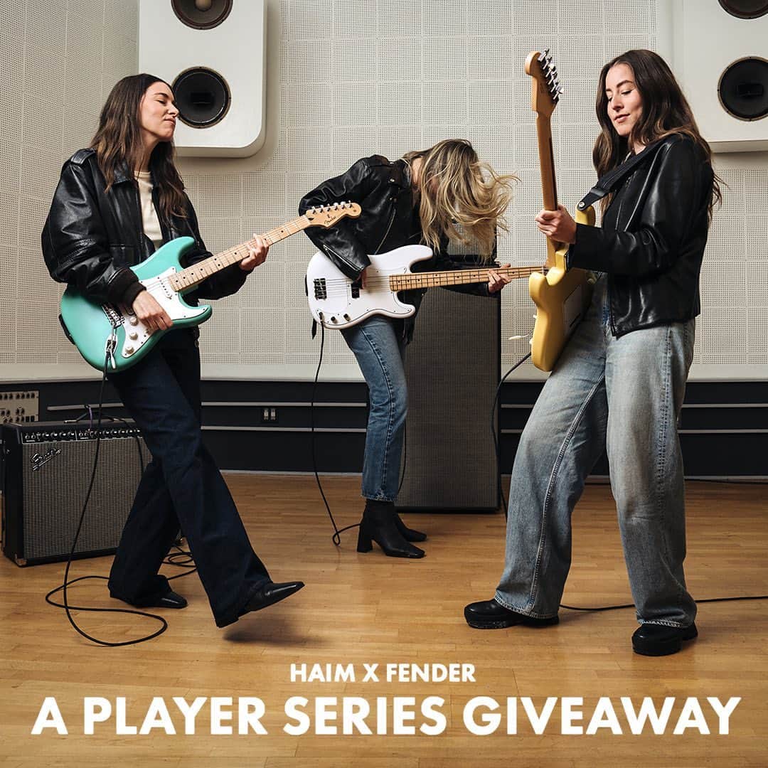 Fender Guitarのインスタグラム：「@haimtheband is here to give away Player Series guitars to 15 lucky winners. 👀 Enter now for your chance to win!   For a chance to win a Player Series Guitar:  - Follow Fender - Like this post  - Tag two friends you’d start a band with in this post's comments Sweepstakes closes 8/6/2023  NO PURCHASE NECESSARY. 50 U.S. (D.C.) 18+. Ends 8/6/23. See Rules in Bio for how to enter & all details. Void where prohibited.」