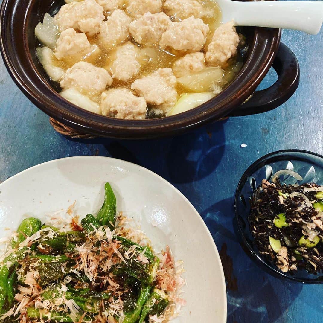 井上荒野のインスタグラム：「あっさり地味献立。冬瓜と鶏団子、焼いた甘長唐辛子、ひじきのサラダ。あまり食欲がなかったんだけど、白ワイン飲みながらだらだらと。」
