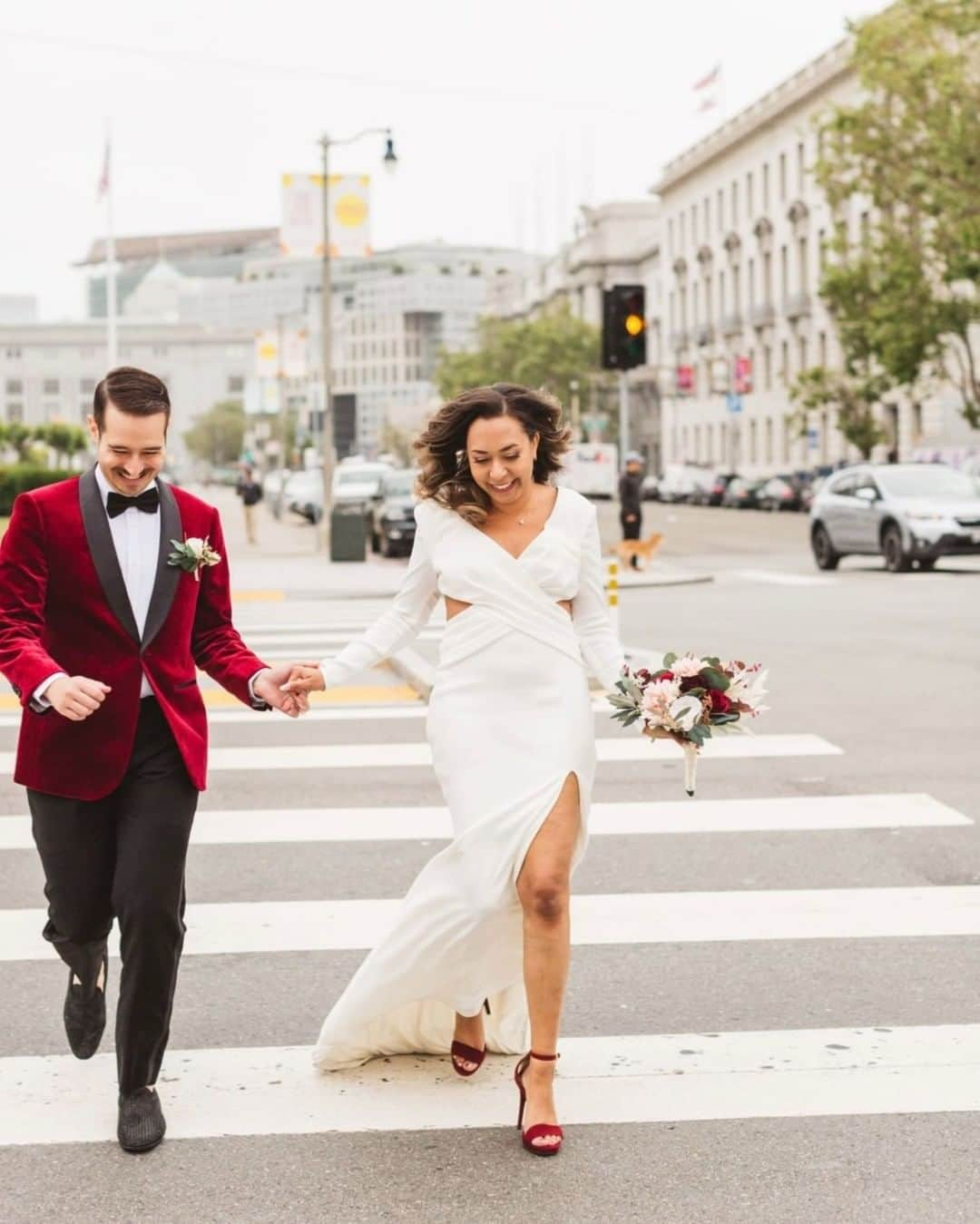 タダシショージのインスタグラム：「Taking on the world hand in hand.  @zoelarkinphoto  #californiawedding #californiaweddingdress #urbanwedding #weddingfashion #sanfranciscowedding」