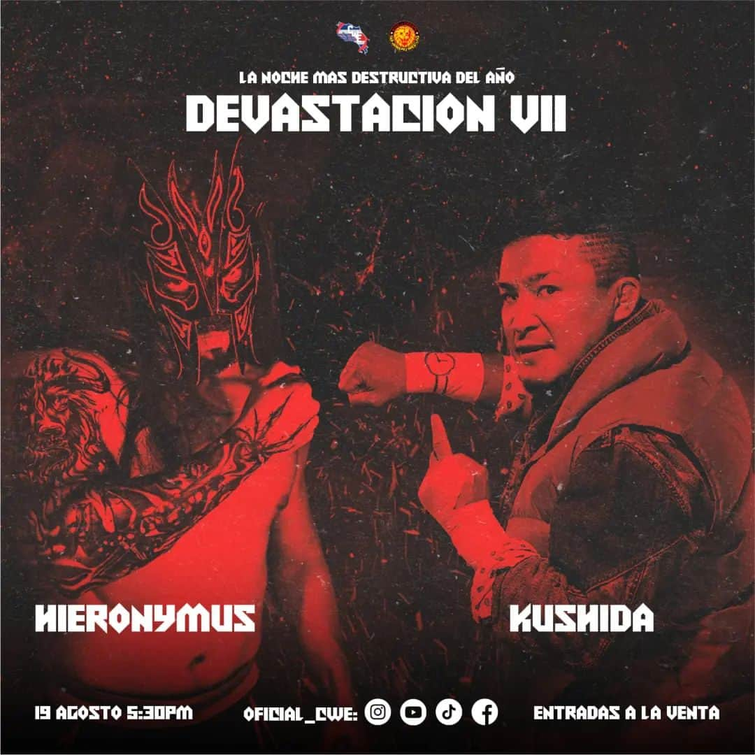 KUSHIDAのインスタグラム：「¡Es oficial!  Sábado 19 de Agosto, Devastación VII, Kushida vs Hieronymus   Nos quedan pocas entradas a la venta.」