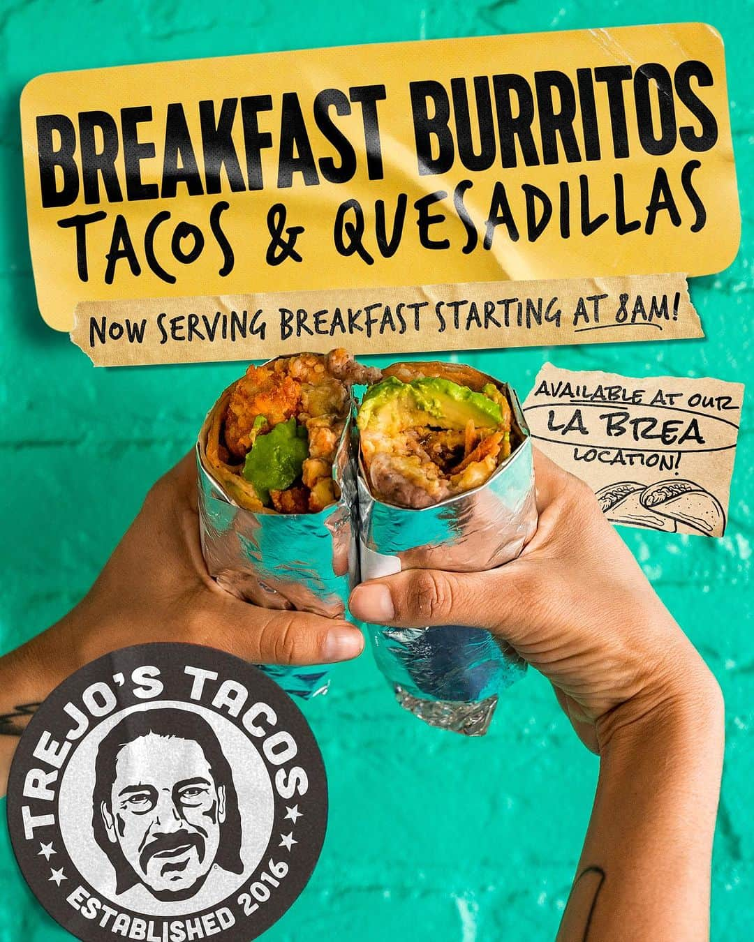 ダニー・トレホさんのインスタグラム写真 - (ダニー・トレホInstagram)「Starting tomorrow Monday, 7/31 we’ll be serving up some Breakfast Burritos, Tacos, and Quesadilla starting at 8AM! 🍳🥓  Come grab a bite on your way to work!🚗💨  📍La Brea 1048 S La Brea Ave 90028  #trejostacos #trejosdonuts #trejoscoffeeanddonuts #trejoscantina #trejoscerveza #dannytrejo #losangeles #tacos #bowls #burritobowl #happyhour #breakfast #breakfastburritos #tacos」7月31日 6時06分 - officialdannytrejo