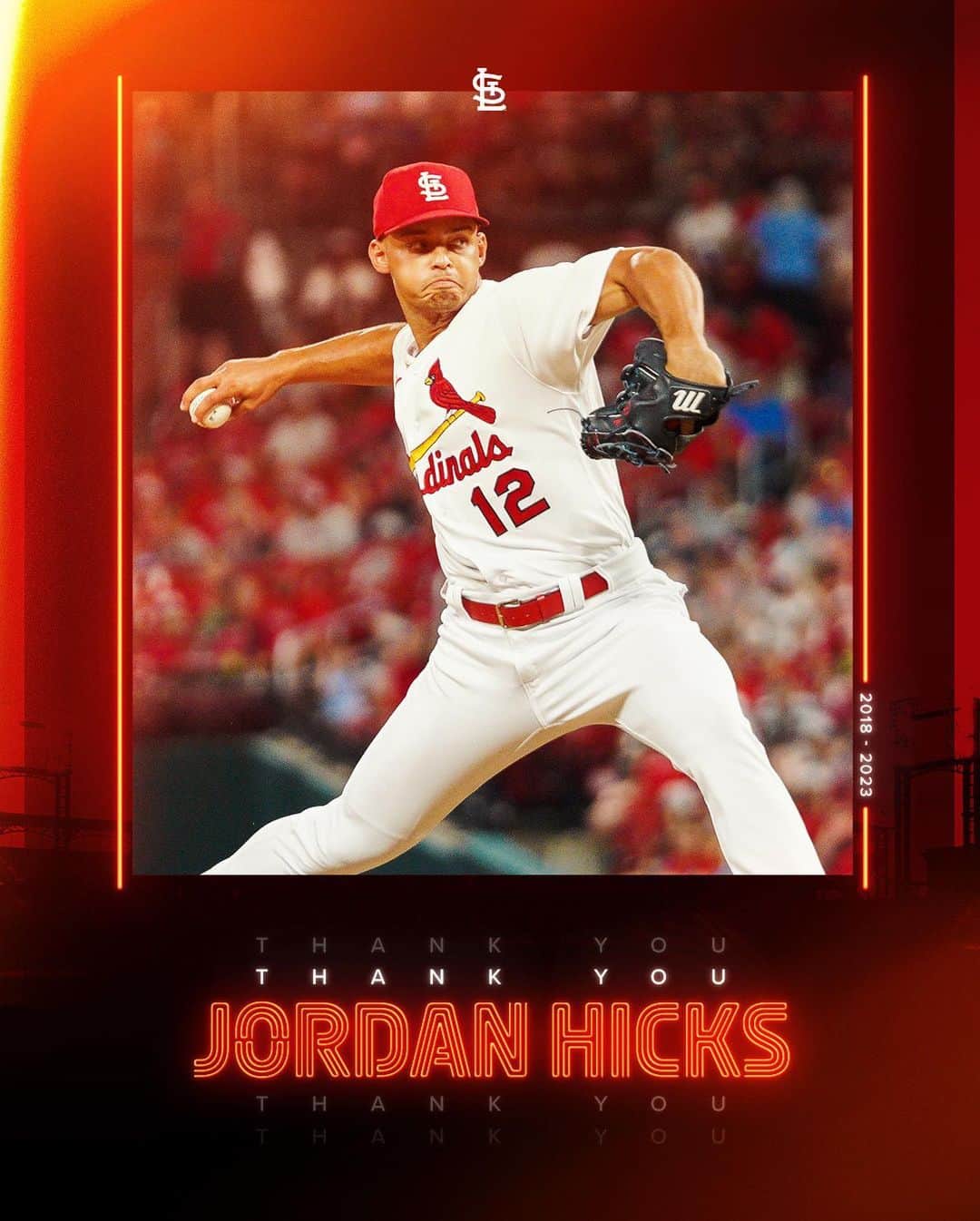 セントルイス・カージナルスのインスタグラム：「NEWS: The St. Louis Cardinals have completed two separate trades.  We have acquired RHP Sam Robberse and RHP Adam Kloffenstein from the Toronto Blue Jays in exchange for RHP Jordan Hicks.  We have also acquired RHP Tekoah Roby, LHP John King, and INF Thomas Saggese from the Texas Rangers in exchange for LHP Jordan Montgomery and RHP Chris Stratton.」