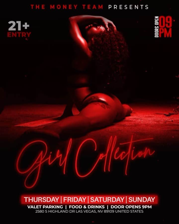 フロイド・メイウェザー・ジュニアのインスタグラム：「GIRL COLLECTION IS THE PLACE TO BE IN VEGAS ALL WEEKEND LONG  DOOR OPENS @ 9:00pm   •THURSDAY •FRIDAY •SATURDAY •SUNDAY  Must be 21 To Enter.  Ladies are welcome with or without male companion.  Come party at the best most luxurious venue in Las Vegas “Girl Collection”  GIRL COLLECTION 2580 S Highland Dr Las Vegas, NV 89109 1 -(844) 447-5758  #GirlCollection  @girl.collection_lv」