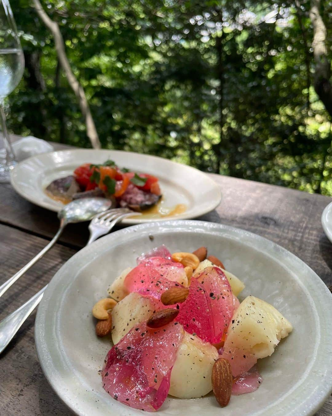 小川薫のインスタグラム：「【森の中のレストラン】 . 「MAHO-ROBA」 まほろばさんのお料理。  ビシソワーズと焼きたてパンで まずは心を掴まれます！  あらかわの桃 新生姜 カツオ なす ハモ  旬の食材を山の中で戴けるという魅力。 さつまいものベニエは格別でした。 器やドリンクもこだわったものばかり。 五感が満たされます✨ . #salondeclover  #サロンドクローバー #小川薫 #料理研究家　#テーブルコーディネーター #堀江 #料理教室　#料理教室大阪　#生駒　#mahoroba #森の中のレストラン」