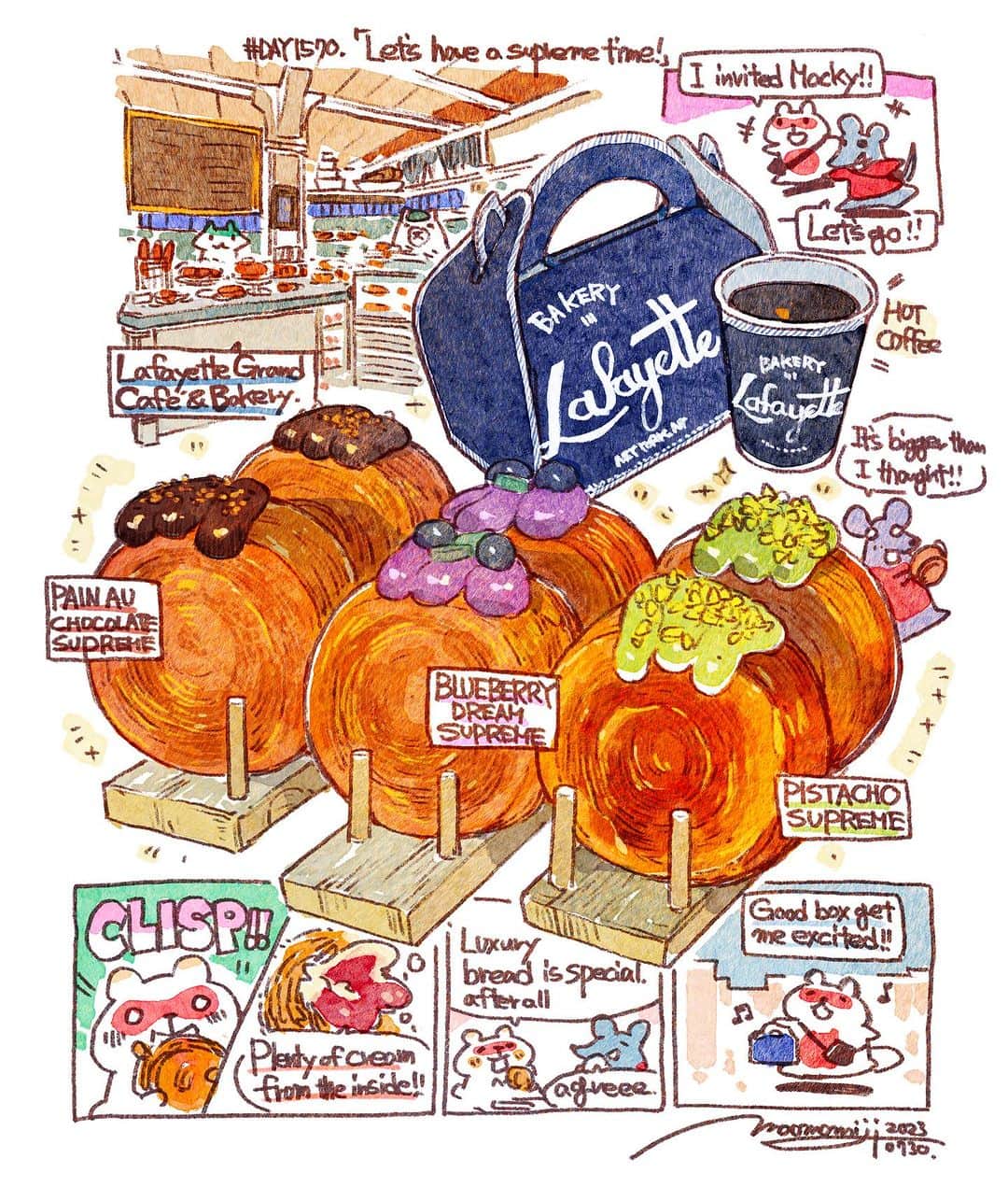 のインスタグラム：「『#DAY1570/「Let's have a supreme time!」』  もみじ真魚/MaoMomiji 2023年7月31日 01:45  "I get a happy of their luxery bread." I went to a cafe-bakery that got a recommendation, their specialty is a Danish bread called Supreme. The sight of the line up makes me excited! When I tried it, it was crispy on the outside, full of cream on the inside, and juicy like a cream puff. The bread is expensive, about $10 a piece, but I'm glad I splurged.  「いつもより高級パンを食べると、嬉しくなっちゃう」 オススメを貰ったカフェベーカリーに行ってきました、名物はシュプリームというデニッシュパン。並んでる様子からしてテンションが上がる！食べてみたら外はサクサク、中はクリームたっぷり、まるでシュークリームのようなジューシーさでした。一個約10ドルのお高めのパンですが、贅沢して良かった♪  #日刊ごはんが好き #foodie #foodieart #dailyilovefood  #毎日更新 #foodillustration #fooddrawing #もみじ真魚 #maomomiji #飯テロ #美食 #lafayettegrandcafeandbakery #pistachiosupreme」