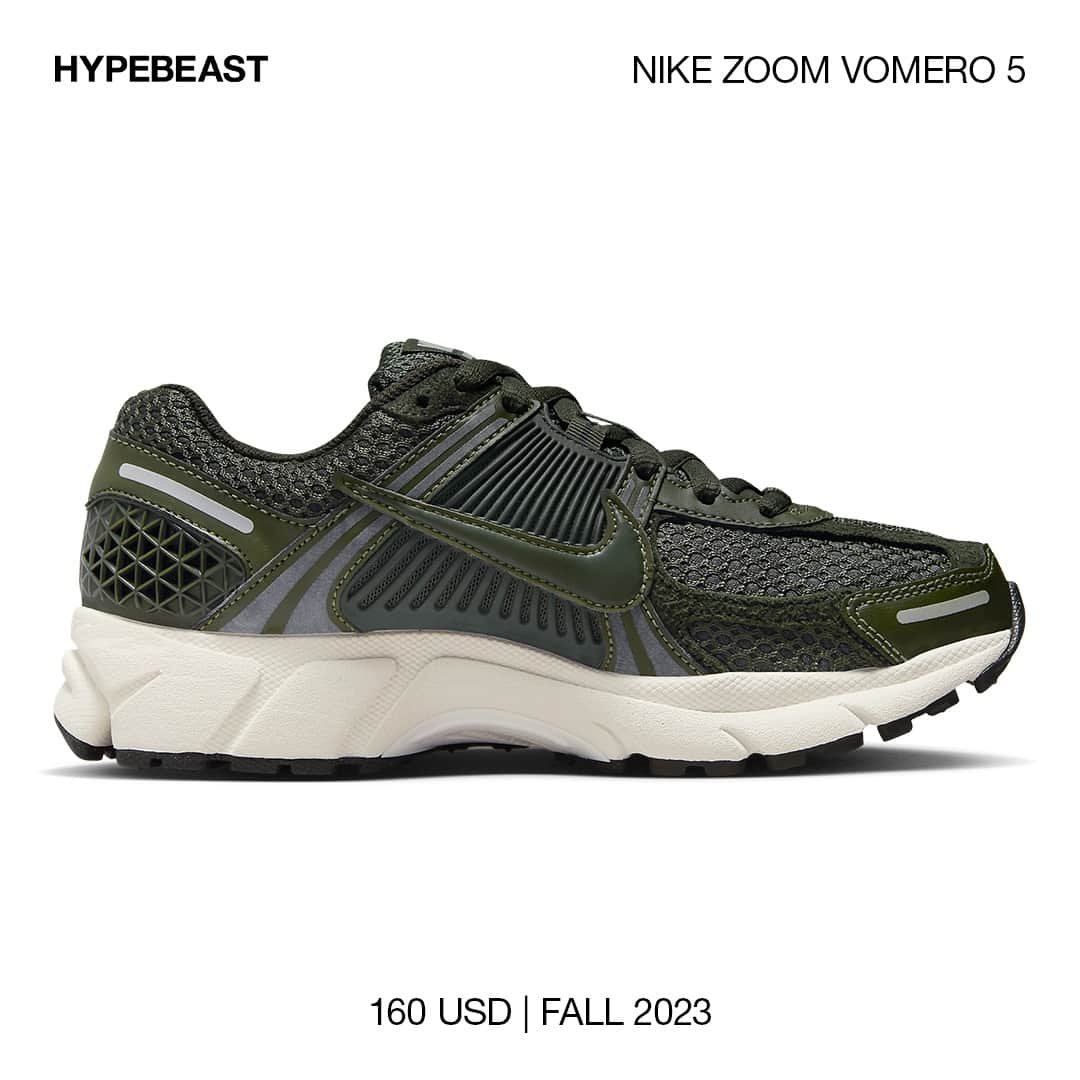 HYPEBEASTさんのインスタグラム写真 - (HYPEBEASTInstagram)「@hypebeastkicks: It didn’t take long for @nike to make it clear that the Zoom Vomero 5’s return was designed to make the silhouette a go-to stylish lifestyle sneaker offering for 2023. Now, it’s gearing up for fall with a new “Sequoia” colorway that sprinkles reflective detailing across the dark green upper. ⁠ ⁠ Its signature shade of green coats the familiar mixed material build of mesh, suede, leather and synthetic notes with the silver reflective bits offering contrast. Supporting the shoe, the often-used “Sail” hue is wedged at the midsole between the upper and black rubber outsole.⁠ ⁠ Expect the pair to hit shelves this fall via Nike and select retailers for $160 USD.⁠ Photo: Nike」7月31日 15時54分 - hypebeast