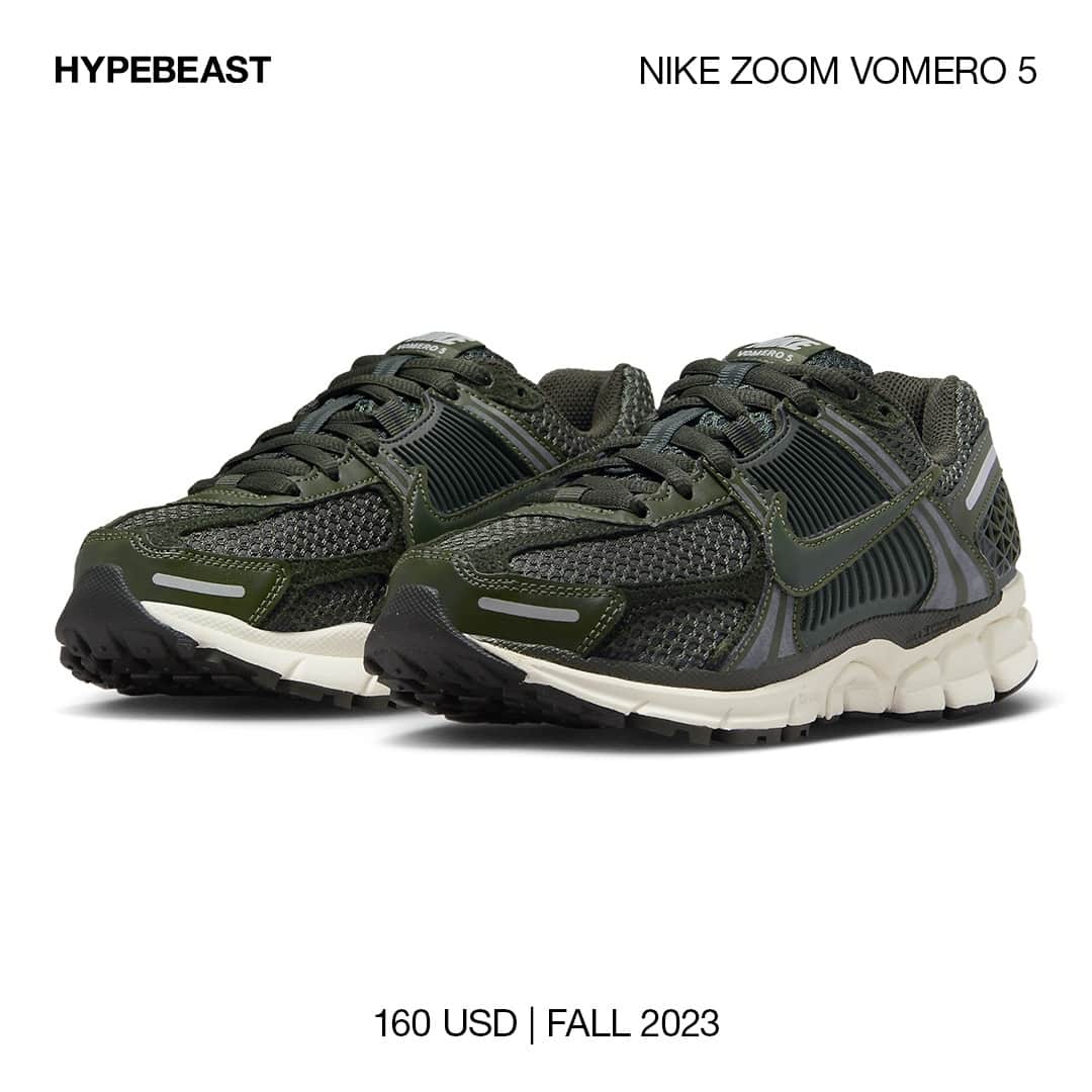HYPEBEASTさんのインスタグラム写真 - (HYPEBEASTInstagram)「@hypebeastkicks: It didn’t take long for @nike to make it clear that the Zoom Vomero 5’s return was designed to make the silhouette a go-to stylish lifestyle sneaker offering for 2023. Now, it’s gearing up for fall with a new “Sequoia” colorway that sprinkles reflective detailing across the dark green upper. ⁠ ⁠ Its signature shade of green coats the familiar mixed material build of mesh, suede, leather and synthetic notes with the silver reflective bits offering contrast. Supporting the shoe, the often-used “Sail” hue is wedged at the midsole between the upper and black rubber outsole.⁠ ⁠ Expect the pair to hit shelves this fall via Nike and select retailers for $160 USD.⁠ Photo: Nike」7月31日 15時54分 - hypebeast