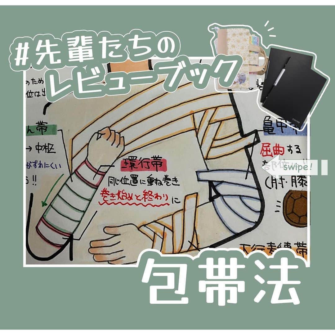 ネコナースのインスタグラム：「今回紹介する先輩（@cocoa_5453_2）は、包帯法について、イラストで分かりやすくまとめてくれています。   包帯法をマスターしておくと実習でも不安なく実施できます😊   部位と目的によって適切な包帯の巻き方があります❕ 動画で解説を見ながら、実践練習をしてみるのもいいですね🐈   『レビューブック2023-24』基ｰ70で復習しましょう💕   #レビューブック #先輩たちのレビューブック #マイレビューブック #レビューブック太っちょ計画 #第113回看護師国家試験 #包帯法 #看護学生の勉強垢 #看護学生さんと仲良くなりたい #メディックメディア」
