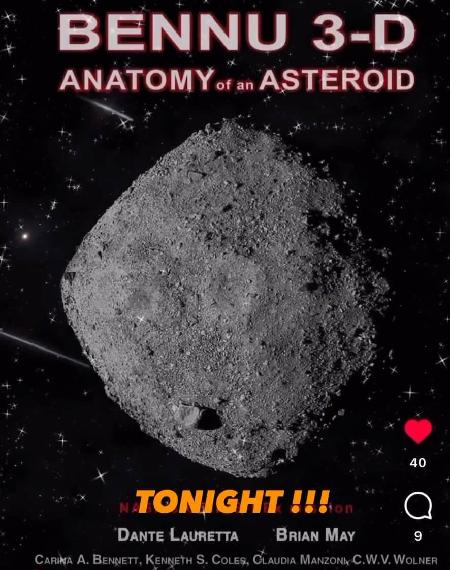 のインスタグラム：「BENNU !!!! The most dangerous asteroid !!! Explored !!! It’s not too late to book your link to our presentation tonight.  Head to the Natural History Museum website right now ! ( link in my SLINK !) This time get your OWL ready - because we’ll be transmitting all the stereo slides straight to you in side-by-side 3-D.  See you there at 7pm British Summer Time.  For viewing the stereo content I recommend using your smart phone sitting in the back of your OWL.  The resolution and format should be best that way. Many thanks @magnolia_stereos for this lovely edit !!! Bri」
