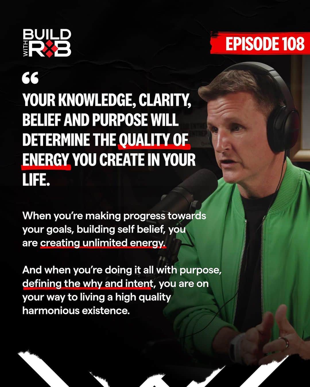 ロブ・ディアデックのインスタグラム：「The driving force of your life is energy.  And the more you understand what it is, and the difference between feeling high quality energy and low quality or negative energy, the better you can optimize your life for the former.  In this episode of #BuildWithRob, I discuss the components that determine the quality of your energy: purpose, clarity, belief and knowledge.  Episode 108 out NOW. Hit the link in bio to listen.」