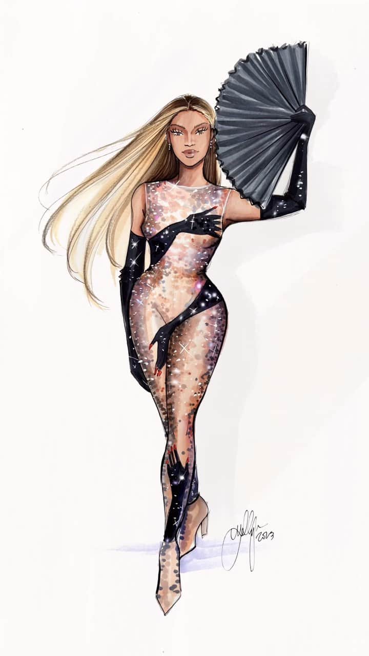 Holly Nicholsのインスタグラム：「Blessed to be experiencing Renaissance twice this week 🥹🪩 Bey in custom Loewe, styled by @shionat #beyonce #beyhive #renaissanceworldtour #asmr #copicmarkers #illustration」