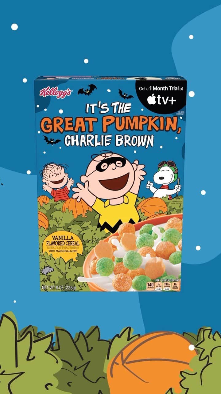 スヌーピーのインスタグラム：「Is it ever too early to celebrate #spookyszn? We think not! Introducing… The Great Pumpkin cereal!🎃   Get in the Halloween spirit with this vanilla frosted cereal, accompanied with pumpkin-shaped marshmallows to take the pumpkin patch right to your cereal bowl.」