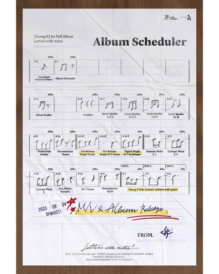 JYPエンターテインメントさんのインスタグラム写真 - (JYPエンターテインメントInstagram)「ㅤ Young K 1st Full Album <Letters with notes>  Album Scheduler  ALBUM RELEASE 🔽 2023.09.04 6PM (KST)  #DAY6 #데이식스 #YoungK #Letters_with_notes #JYP  @from_youngk」8月1日 12時00分 - jypentertainment