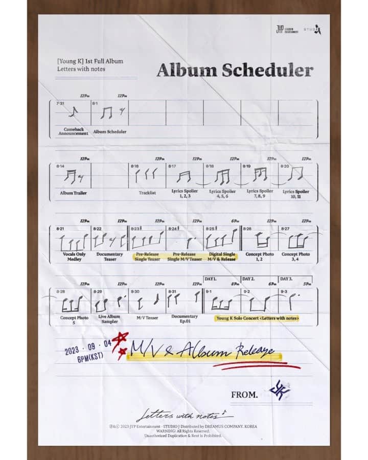 JYPエンターテインメントのインスタグラム：「ㅤ Young K 1st Full Album <Letters with notes>  Album Scheduler  ALBUM RELEASE 🔽 2023.09.04 6PM (KST)  #DAY6 #데이식스 #YoungK #Letters_with_notes #JYP  @from_youngk」