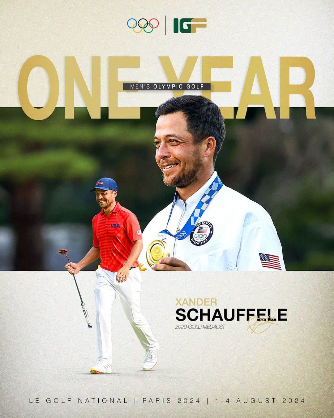 ザンダー・シャウフェレのインスタグラム：「One year from today, @teamusa’s @xanderschauffele will begin his gold medal defense in the men’s golf competition at @paris2024 🥇  Can the @USAGolf 🇺🇸 star go back-to-back?」