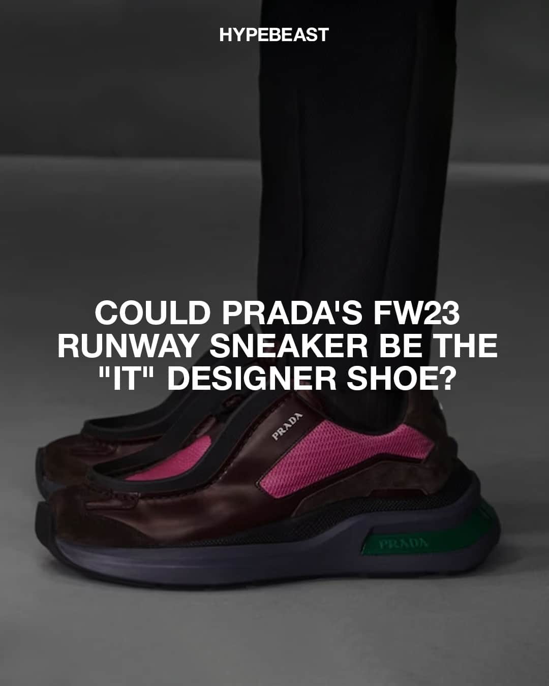 HYPEBEASTさんのインスタグラム写真 - (HYPEBEASTInstagram)「@hypebeastkicks: @prada has welcomed its newest silhouette, an un-named style that was seen during the FW23 runway show in Milan that blends traditions with contemporary aspects throughout.⁠ ⁠ The pair is listed as “Brushed Leather Sneakers With Bike Fabric and Suede Elements” — quite literal, then. But upon closer inspection, the shoe combines sporty components (per its mesh paneling and sneaker sole unit) with formal undertones, somewhat akin to a derby shoe.⁠ ⁠ Laces are hidden within the shoe’s hand-stitched raised rubber bumper that runs around the vamp, while brushed leather and smooth, glossy leather panels work together to build the chunky silhouette. A padded triangle logo is embossed into the tongue, while another padded and branded triangle decks out the rear, with further branded details doubling as the tread on the outsole.⁠ ⁠ All four colorways retail for $1,300 USD and they can be bought from Prada’s website and boutiques worldwide now.⁠ Photo: Prada」8月1日 23時25分 - hypebeast