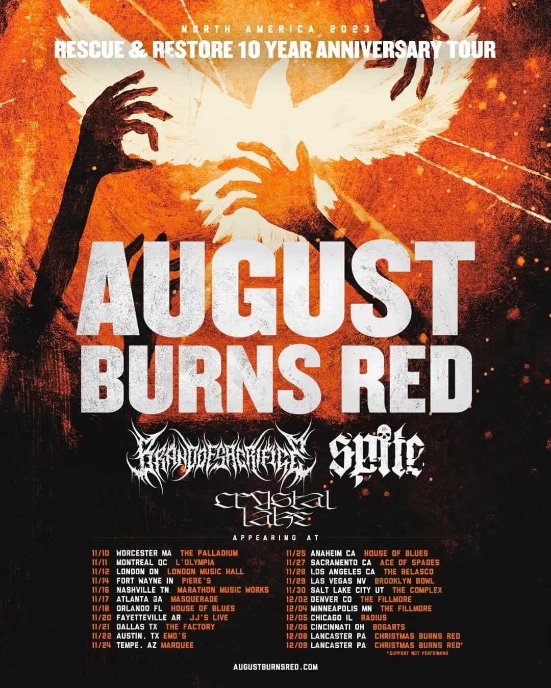 Crystal Lakeさんのインスタグラム写真 - (Crystal LakeInstagram)「NEW TOUR ANNOUNCEMENT 🇺🇸 • 🇨🇦 We are very excited to see you again!  Rescue & Restore 🍂 10yr Anniversary Tour 🍂 @AugustBurnsRed @BrandofSacrificemetal @SpiteOfficial @CrystalLake777  VIP packages are available now at augustburnsred.vip. General on sale begins Friday, Aug 4th at 10am EST USA.  #CrystalLake #AugustBurnsRed #BrandofSacrifice #Spite #ResqueAndRestore」8月1日 23時29分 - crystallake777