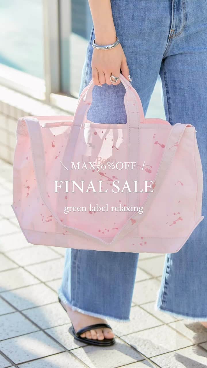 のインスタグラム：「＼FINAL SALE MAX50％OFF✨／  いよいよ夏のセールも大詰め！セールアイテムの中でも特に人気の夏小物を集めました🙌🏻  ✔️華奢なストラップデザインがポイントのサンダル ✔️ペイントデザインが可愛い大人気の別注L.L.Bean ✔️夏のお出かけにぴったりのラフィアハット  売り切れてしまう前に要チェックのお買い得アイテムが盛りだくさんです！ぜひお得にお買い物をお楽しみください💚  ⬇︎登場順 ▪︎ベルトフラット サンダル(1.5cmヒール) ¥5,940(税込)40%OFF No.36311992137  ▪︎ Tストラップ トングサンダル(1.5cmヒール） ¥5,940(税込)40%OFF No.36311992138  ▪︎【別注】＜L.L.Bean＞paint splatter グローサリー トートバッグ ¥3,960(税込)20%OFF No.36324991758   ▪︎ダブルベルトプラット サンダル(3cmヒール) ¥5,346(税込)40%OFF No.36311992140   ラフィア 2WAY リボン ハット ¥3,564(税込)40%OFF No.36386990459  ▪︎クラシック ボックス ガマグチ 2WAYバッグ ¥4,950(税込)40%OFF No.36326991942  #greenlabelrelaxing  #グリーンレーベルリラクシング」