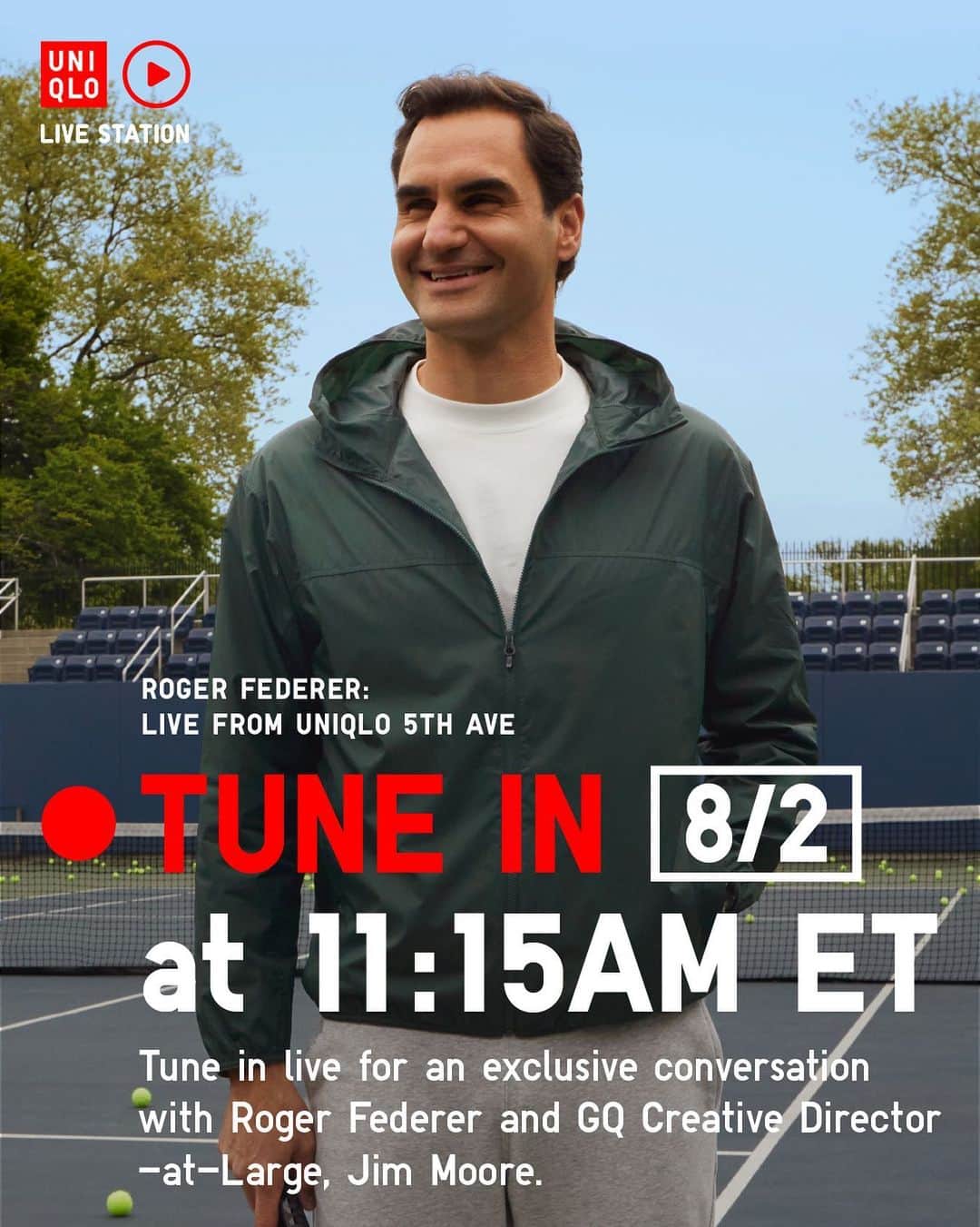 ユニクロさんのインスタグラム写真 - (ユニクロInstagram)「Wednesday, 8/2, at 11:15 AM ET Roger Federer + Jim Moore: Live from UNIQLO 5th Ave Tune in live for an exclusive conversation with Roger Federer and GQ Creative Director-at-Large, Jim Moore.  @rogerfederer @uniqlo_ambassadors   #UNIQLO #LifeWear #instalive #LIVESTATION」8月1日 17時20分 - uniqlo