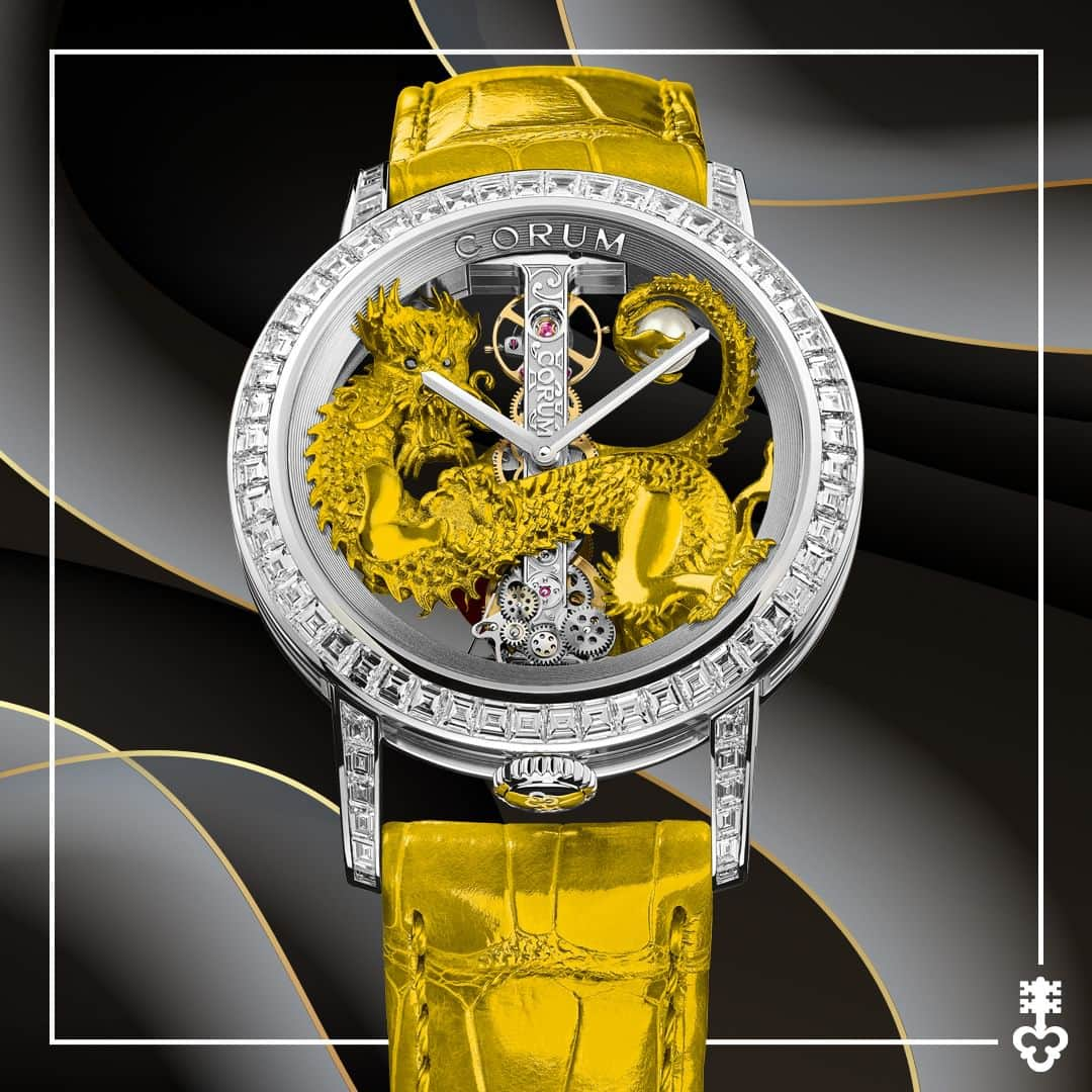 コルムのインスタグラム：「Corum continues to push boundaries with the Golden Bridge, a collection that is a visually stunning work of art.  This Golden Bridge 43 model is a unique piece that boasts a handcrafted 18K gold dragon, which features intricate details such as individual scales and a tail adorned with a pearl. To add to the finishing touch, the dragon's eyes are set with black diamonds, creating a striking gaze that captures your attention.  (Ref. B113/04422)  #Corum #CorumWatches #CorumGoldenBridge」