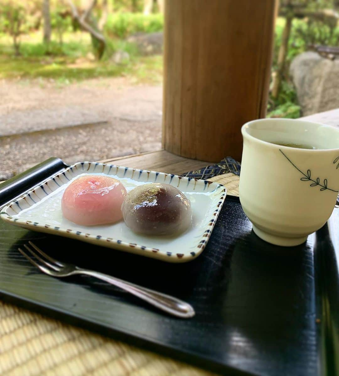 七瀬遥のインスタグラム：「8月ですね🎐  景色だけ涼やかに☺️🍡🍧  縁側で葛餅😋  蚊に刺されたけど😂🦟  #8月#縁側#猛暑#和菓子#葛餅#August#happy #beautiful#delicious#shooting #day#life#smile#fun#love#good#friend#family#happiness#good#tokyo#japan」