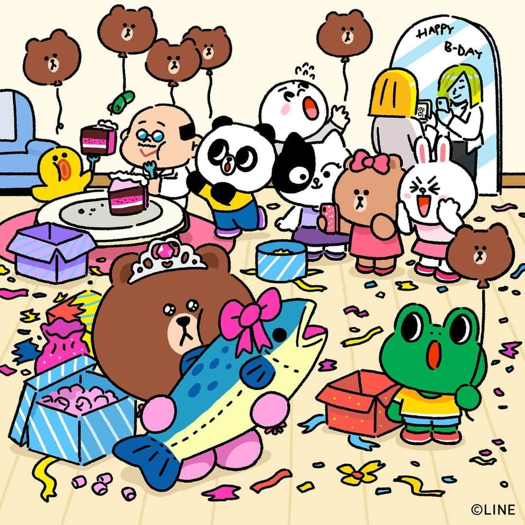 LINE FRIENDSのインスタグラム：「Can't believe that you've received this much gift! Let's unbox it together! I knew BROWN would love the salmon doll the most~  🐻 : (....) 💕💕🎁🐟  #BROWN #CONY #SALLY #CHOCO #PANGYO #BOSS #LEONARD #JAMES #JESSICA #MOON #EDWARD #LINEFRIENDS #BROWNDAY2023 #브라운데이 #LINEFRIENDSPOPUP #LINEFRIENDSWORLD #MYEONGDONG」