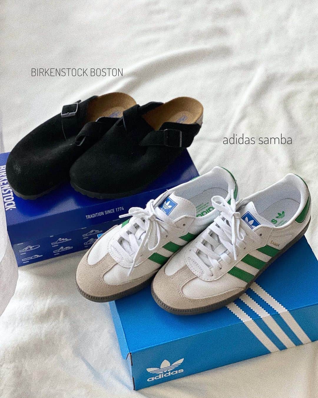 のインスタグラム：「@birkenstock  #birkenstockboston   @adidasoriginals  #adidassamba   どちらも歩きやすくてかわいくてめちゃくちゃお気に入り❤︎❤︎  両方zozoで買ったよ❤︎  sambaはほんと入手困難すぎて😭 adidasのアプリの抽選はずーっと外れ💦 1年以上欲しくて欲しくて念願叶って…😭✨ ホワイト欲しかったけど、グリーンも合わせやすくてかわいぃ…💚  👟24.0㎝　幅狭/甲薄 BOSTON/37 samba/24.5 でぴったりでした❤︎  #ビルケンシュトック  #ビルケンシュトックボストン  #アディダススニーカー  #アディダス#アディダスコーデ  #スニーカーコーデ  #スニーカー好き #足元くら部#足元コーデ」