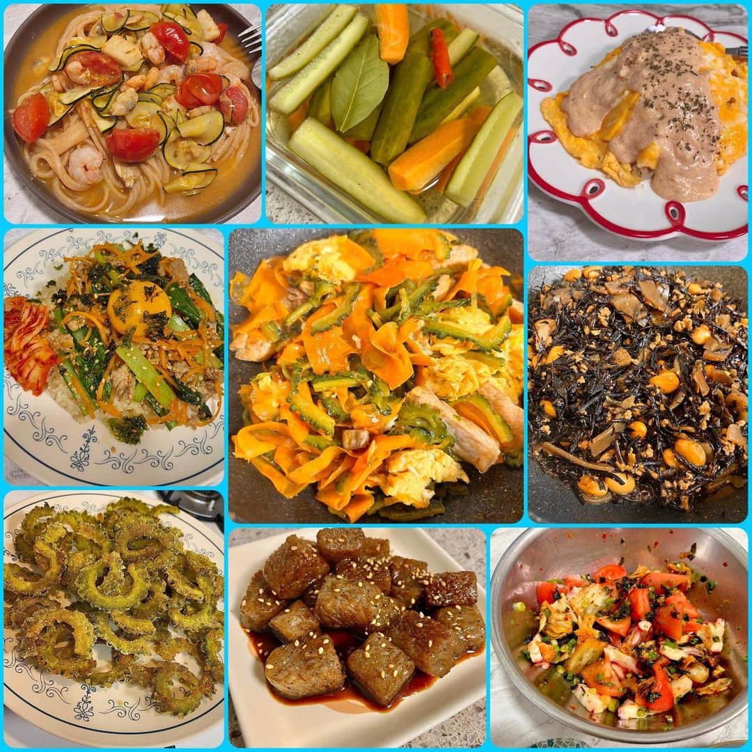 長江里加のインスタグラム：「#りかちまる飯 4月くらいのごはんです！ まだダイエット決意していなくて、 好き勝手食べていました🤤 体を鍛え始めるまで、あと2ヶ月…！ 好き勝手りかちまる飯わがままボディ！ よーい、ドン！ ⁡ ⁡ ①いつかの夏のパスタ 地中海パスタとも呼んでいる🐙 トマトとニンニクをじゅーじゅーして、 そこにズッキーニとシーフードミックス 塩で味整えて、パスタどーん！ 最後はレモンとか胡椒かけて完成！ バジル散らすともっと美味い！！ 冷やすともっとオシャレにきまる！！ ⁡ ⁡ ②ゴーヤーチップス 17へんげで頂いたゴーヤーを、 唐揚げにすると美味いって聞いたので、 作ってみた&初めて食べた！！ 味付けはカレー風味で、片栗粉とかで揚げ焼きしたかな すっごい美味しかったけどめっちゃ油吸った！笑 そして正解なのかわからないから、 お店とかで食べて研究したい！！ ⁡ ⁡ ③ひじきの煮物 ミネラル摂ろうかな〜と思って作った！ こんにゃく入ってるやつすき〜 大豆がどうしても苦く感じるんだけど、 これはどうしようもないのかなぁ😥 砂糖入れたいけどこれ以上は…っていう 煮物を作る時の葛藤 大豆取るならもう納豆でいいやー！ ⁡ ⁡ ④こんにゃくステーキ とにかく臭みがなくなるまで ジュージュー焼く たまに食べたくなるね〜 ⁡ ⁡ ⑤夢の明太クリームソース 家でオムライス作ったら なんの考えなしにケチャップしかかけたことがなかったので、 お店でしか食べないあのソースを作ってみた！ 調べたら、サラサラのホワイトソースを作るのと一緒！ そりゃそうか！ 生クリーム作ったらもっと簡単かも！ ⁡ ⁡ ⑥手抜きビビンバ‼︎ 具は｛小松菜、にんじん、ひき肉｝ まとめて炒めた！ あとはご飯に乗せるだけ！ こういうのがいっちゃんうまい😋 味付けは手抜きの焼肉のタレ 玄米で食べた 卵のせた のり散らした キムチ添えた ⁡ ⁡ ⑦ピクルス作ってみた あんまり染み込まなかったので 今度はうんと薄くするぞ！ ⁡ ⁡ ⑧とにかく黄色いチャンプルー 圧倒的ににんじん多めのゴーヤーチャンプルー 厚めの豚ロースも入って割と豪華 お米を全然食べなくなったのもこれのせい だってこれだけで満足度高いんだもん！ あ、にんじんは糖質あるので別に米いらんか！ プロテインでも飲んどこ〜👍 ⁡ ⁡ ⑨定番すぎるタコキムチ ｛トマト、茹でタコ、ネギ、キムチ、ごま油、海苔｝ 作り方以上！！ キムチが調味料。ほんと簡単で美味しい。 スーパーでタコ見かけては作ってた。 一回だけめっちゃまずいタコに当たったんだよね☹️ 全然噛みきれないタコ！それはだめ！ 茹でタコ買ったのにな…… あ、茹でタコにしてね！！！！ ⁡ ⁡ ここらで5月に入った頃のレシピです！！ もうすぐ料理がチキンだらけになっていくかも… いや、そもそも写真すら撮っていない疑惑…。 早く料理イベントやりたいね〜𓃟𓃟𓃟 ⁡ めでたしめでたしめしうまし。 たまにはシンプル ⁡ #りかちまる飯 ⁡」