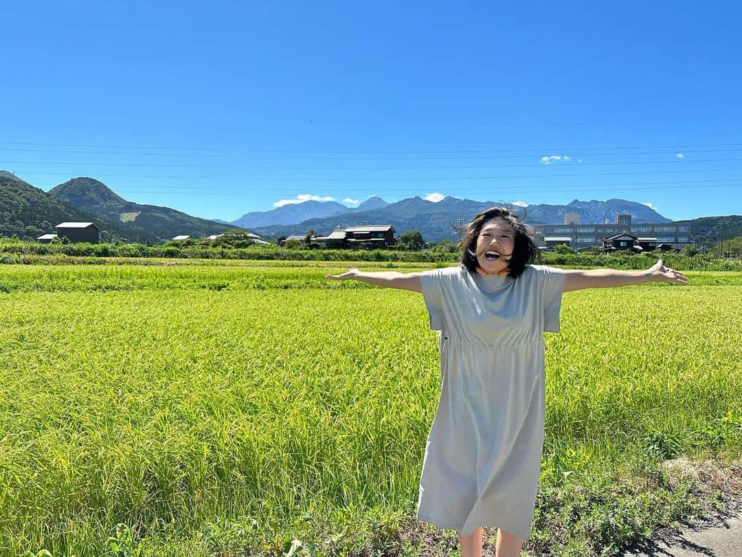 横澤夏子のインスタグラム：「#夏休みーって感じの色合いー！ #これぐらいの時期の田んぼも好きなのよー！ #新潟の空ー #新潟の山ー #新潟の田んぼー #目の前には新潟の海ー #うふ！」
