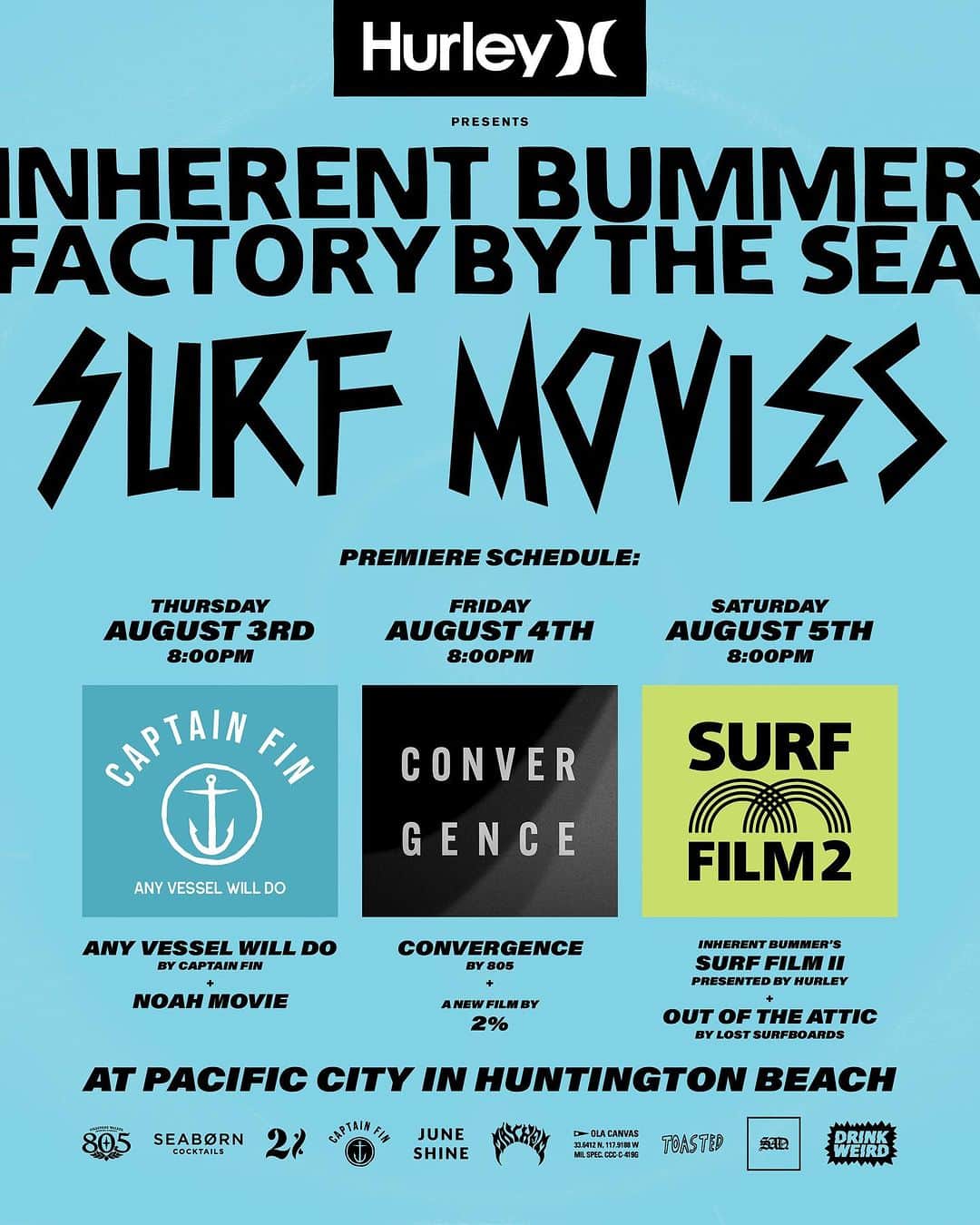 hurleyさんのインスタグラム写真 - (hurleyInstagram)「Come out and see us live! We’re bringing you 3 days of live surf films, music, happy hour, interviews and Warhol-inspired fun at the Inherent Bummer Factory by the Sea presented by Hurley. Swipe to see your itinerary and all the details.」8月2日 8時15分 - hurley