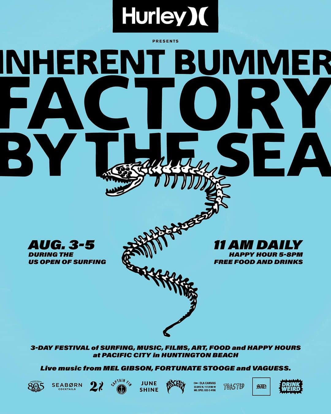 hurleyのインスタグラム：「Come out and see us live! We’re bringing you 3 days of live surf films, music, happy hour, interviews and Warhol-inspired fun at the Inherent Bummer Factory by the Sea presented by Hurley. Swipe to see your itinerary and all the details.」