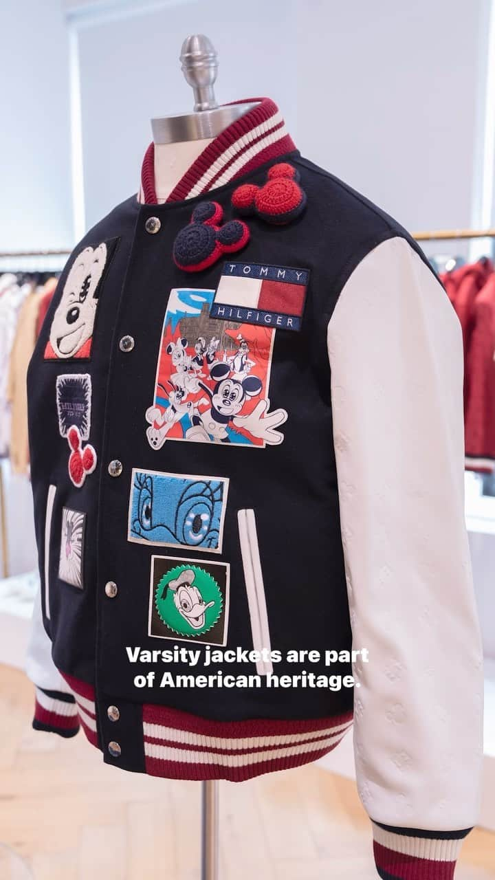 ミッキーマウスのインスタグラム：「Tommy Hilfiger’s unique combination of modern prep and reinvented classics has become synonymous with American cool style.   In support of @makeawishamerica, Tommy Hilfiger reworked an iconic varsity jacket for #DisneyCreate100. The style features Manga Mickey & Friends who also appeared in the Summer Pre-Fall 2023 Disney x Tommy capsule collection. Clarence Ruth, a partner of the brand’s People’s Place Program, joins the initiative as Tommy’s nominee.   #disney100」