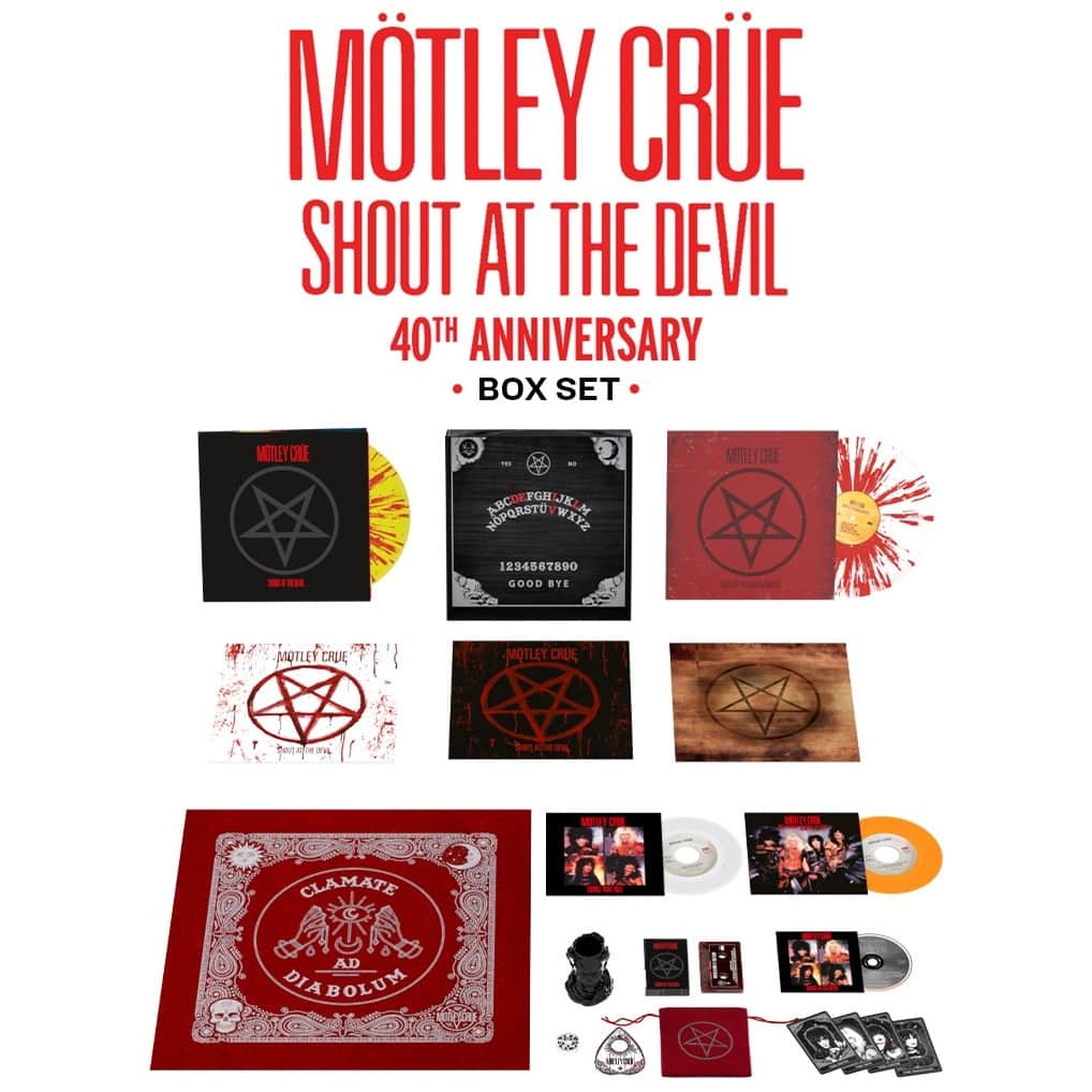 Revolverのインスタグラム：「😈 Hail Satan with @MotleyCrue's new deluxe 40th anniversary boxset of 'Shout at the Devil'!⁠ ⁠ ⚡️ Complete with splatter vinyl, CD and cassette, plus devilish limited-edition merch.⁠ ⁠ ⚡️ Order yours now.⁠ 🔗 Link in bio.」