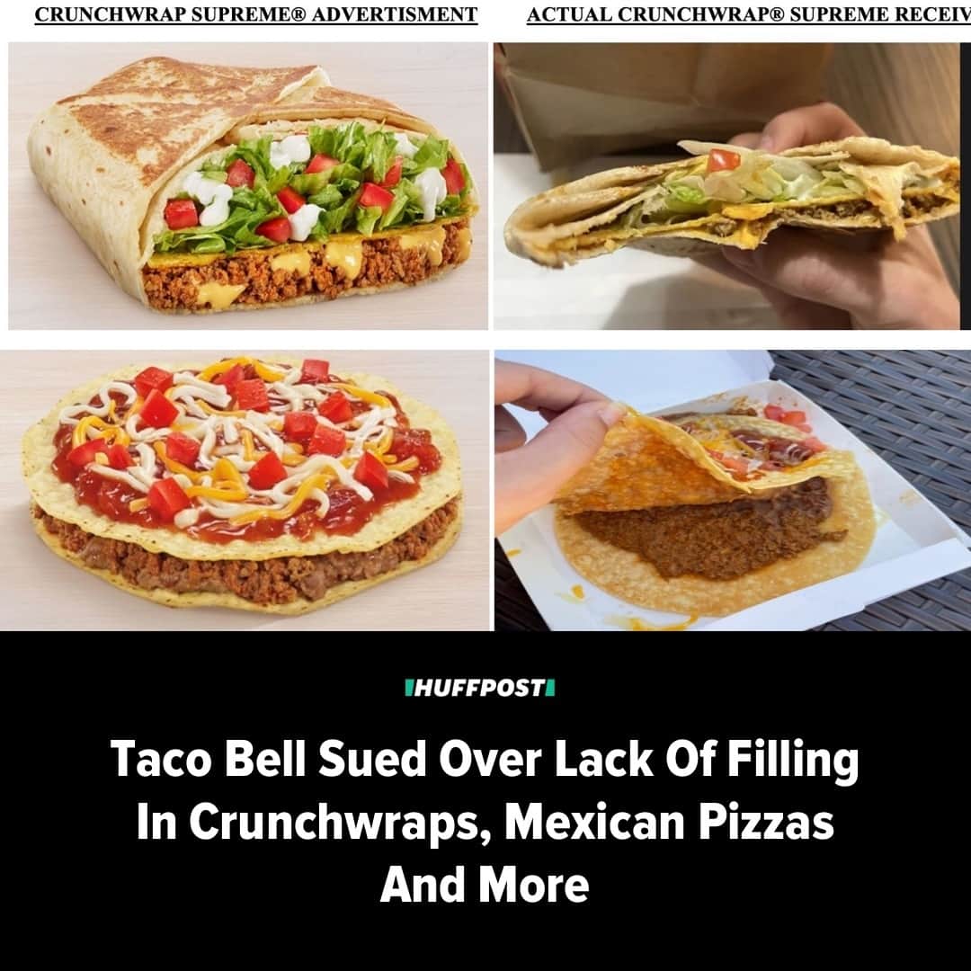 Huffington Postのインスタグラム：「A New York man disappointed in the Mexican pizza he received from Taco Bell is hitting back with a class-action lawsuit on behalf of irritated Taco Bell customers around the state.⁠ ⁠ Frank Siragusa paid $5.49 plus tax for the ground-beef-and-crispy-tortilla concoction from a location in Ridgewood last September but found it appeared to have around half the filling promised by advertisements.⁠ ⁠ According to the suit, filed Monday in the U.S. District Court in the Eastern District of New York, Taco Bell had “materially overstate[d]” the amount of fillings “by at least double the amount” across five menu items: the Crunchwrap Supreme, Grande Crunchwrap, Vegan Crunchwrap, Mexican pizza and veggie Mexican pizza.⁠ ⁠ The problem, the lawsuit alleges, has been documented on internet message boards and YouTube food review channels as food prices started spiking amid record inflation in recent years.⁠ ⁠ “Taco Bell’s actions are especially concerning now that inflation, food, and meat prices are very high and many consumers, especially lower income consumers, are struggling financially,” the lawsuit states.⁠ ⁠ Read more at our link in bio. // 🖊️ Sara Boboltz // 📷 U.S. DISTRICT COURT FOR THE EASTERN DISTRICT OF NEW YORK」