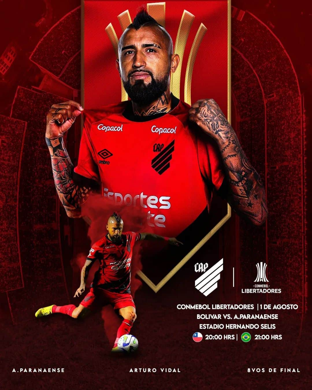 アルトゥーロ・ビダルのインスタグラム：「Hoy es día de Copa Libertadores, es Día de Furacao!! Vamos a dejar el alma en la cancha 💪🫅🏽👌 Vamos Furacão!! 🔴⚫🔴  #BOLxCAP #diadefuracão」