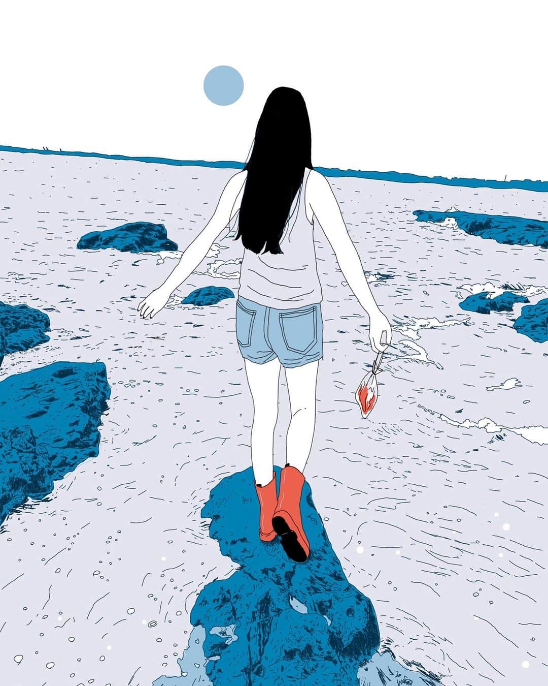 フクザワさんのインスタグラム写真 - (フクザワInstagram)「今日は何色？　#八月 #drawing #illustration #japanesegirl #sea #長靴」8月2日 18時38分 - fuku_zawa