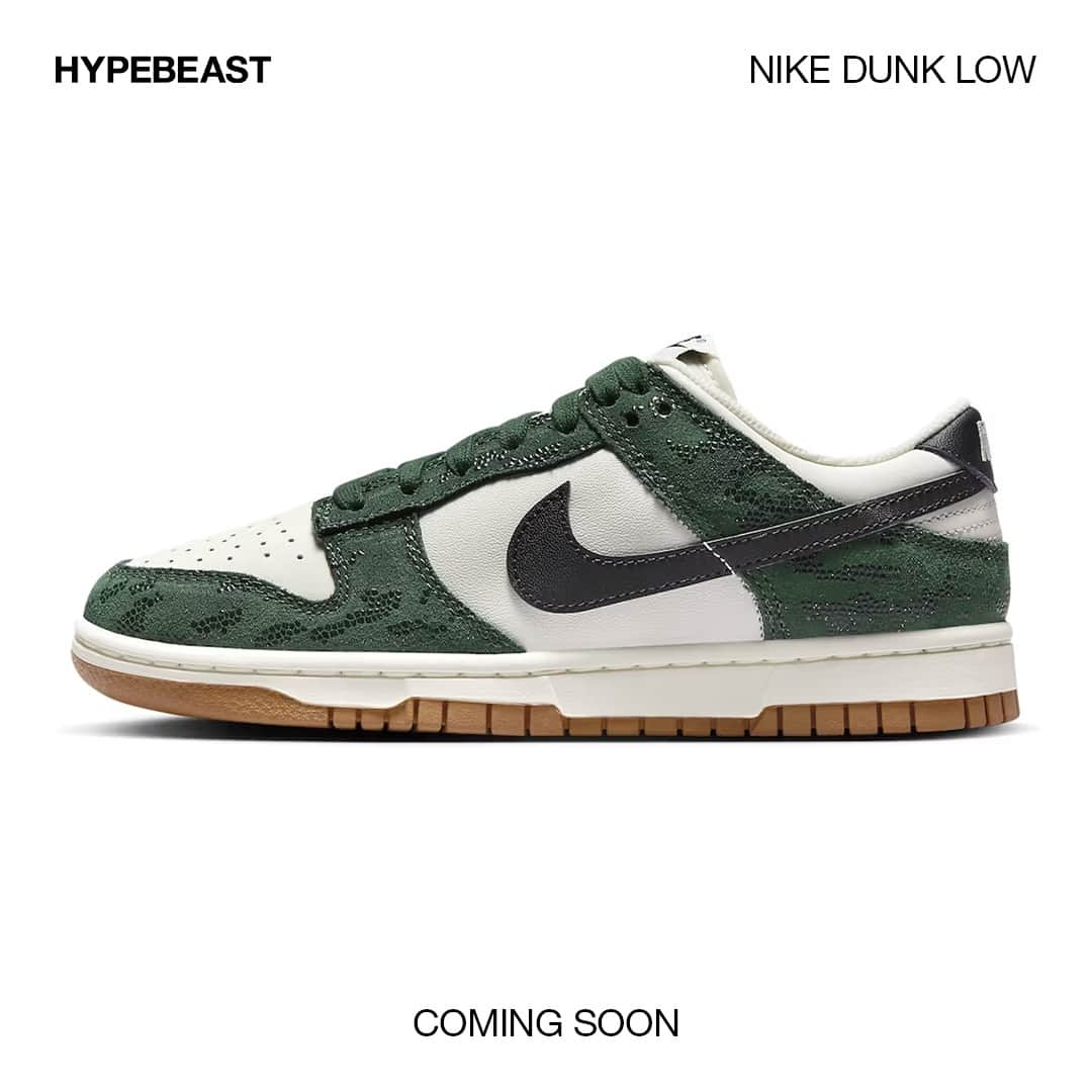 HYPEBEASTさんのインスタグラム写真 - (HYPEBEASTInstagram)「@hypebeastkicks: @nike is back with another textured iteration of the Dunk Low, outfitting it in a fresh “Green Snakeskin” colorway.⁠ ⁠ This exotic presentation of the low-top sees reptilian embellishments serve as the focal point. A white leather serves as the upper's base across, highlighted by the green snakeskin in suede at the overlays. The laces match this green while the Nike branding on the heels, tongue and Swooshes accent the look in black. ⁠ ⁠ Elsewhere, the lining and tongue are in white mesh. To round the design off, the shoe sits atop a "Sail" midsole and rubber gum outsole.⁠ ⁠ No release details pertaining to this pair have popped up just yet.⁠ Photo: Nike」8月3日 2時40分 - hypebeast
