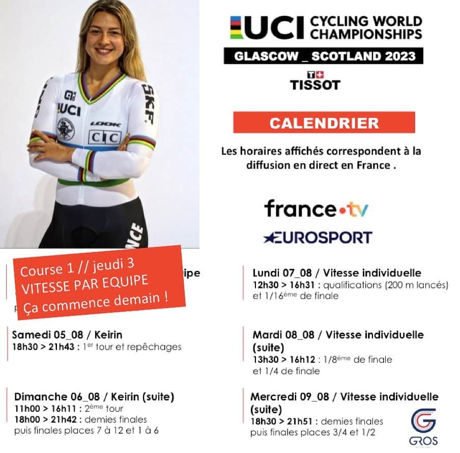 マチルド・グロのインスタグラム：「LET’S GO 👊🏼  La compétition débute demain avec les qualifications de la vitesse par équipes avec @julie_michaux12 et @marie_divine_ ! ✨💪🏻  #trackcycling #teamfrance #worldchampionship」