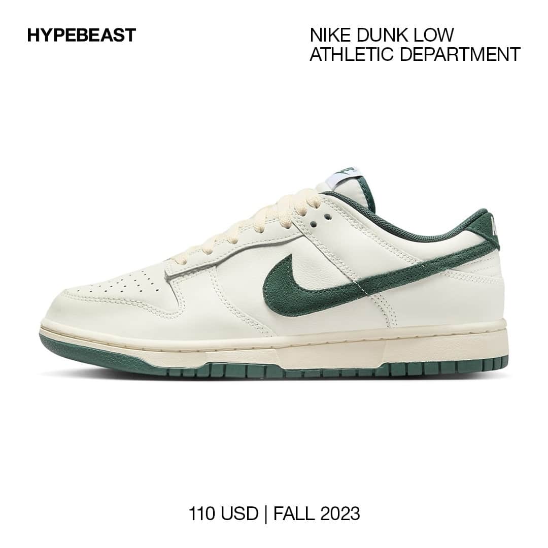 HYPEBEASTさんのインスタグラム写真 - (HYPEBEASTInstagram)「@hypebeastkicks: Get an official look as @nike prepares its Dunk Low Athletic Department in “Deep Jungle.” The latest color palette relies on the green hue to underline the shoe as the pair is constructed out of a sail premium leather upper. Athletic Department branding in the insoles is also present throughout the pair. Swipe to get a closer look and expect these to drop in the fall for $110 USD.⁠ Photo: Nike」8月2日 19時05分 - hypebeast