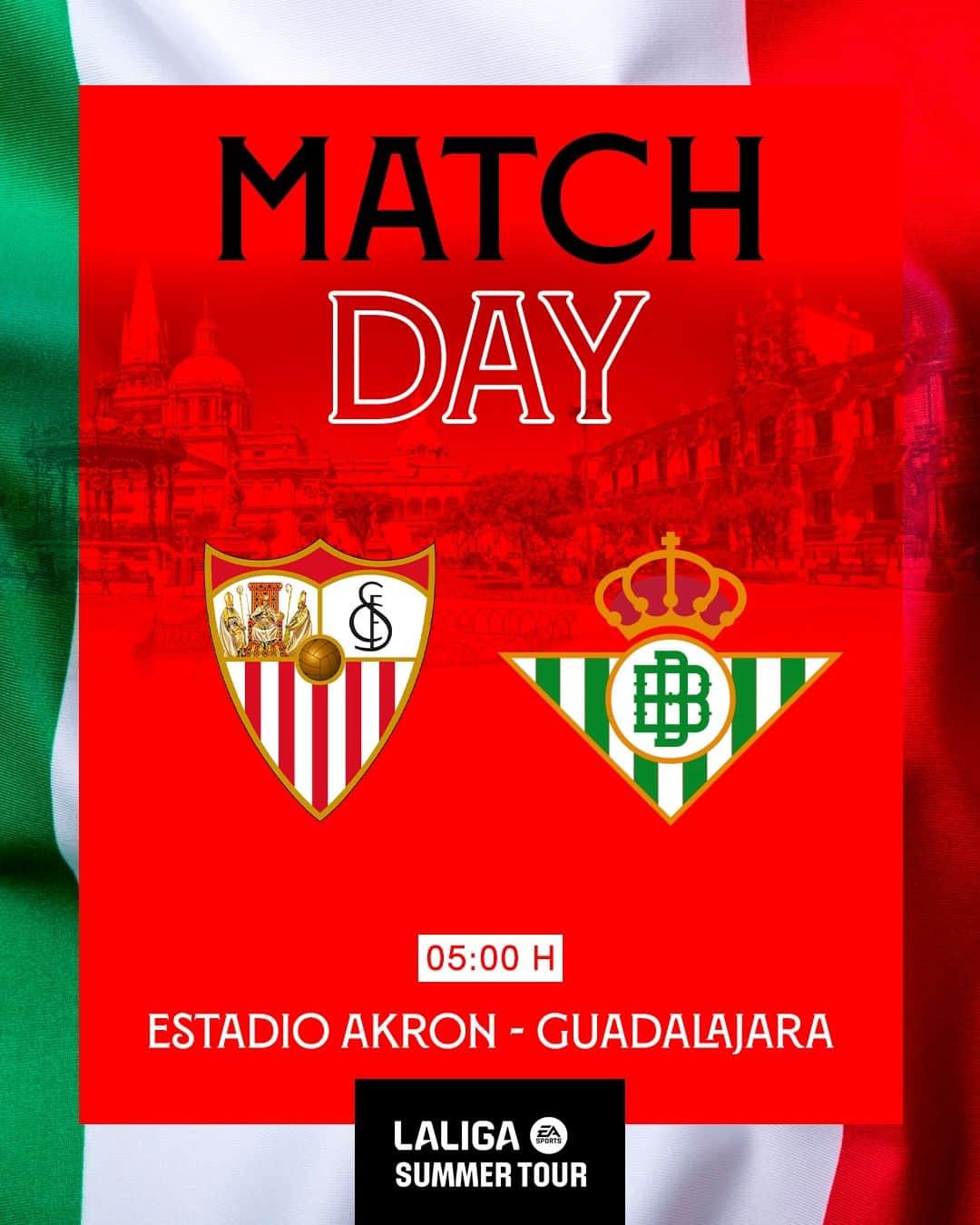 セビージャFCのインスタグラム：「⚽️ Esta madrugada, derbi sevillano en Guadalajara. 🇲🇽  ¡Vamos, mi Sevilla! ⚪️🔴  #LALIGASummerTour #WeareSevilla #NuncaTeRindas #mexico #guadalajara #sevillafc #sevilla」