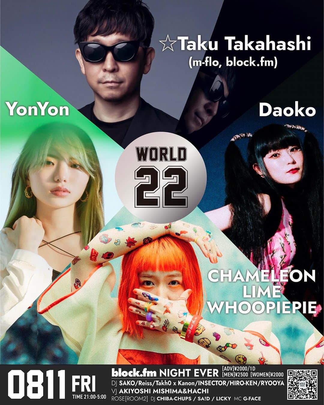 Taku Takahashiのインスタグラム：「8/11(fri) WORLD KYOTO 22nd Anniversary block.fm NIGHT EVER  GUEST DJ： ☆Taku Takahashi(m-flo/block.fm) YonYon  GUEST LIVE： Daoko CHAMELEON LIME WHOOPIEPIE カメレオン・ライム・ウーピーパイ DJ：SAKO / Reiss / Takh0 x Kanon / INSECTOR / HIRO-KEN / RYOOYA VJ：8COO / VJJROM  ROSEー ROOM2 ♪ALL MIX DJ：CHIBA-CHUPS /  SA!D / LICKY MC：G-FACE  Time：21:00 - 5:00 ADV：¥2000 / 1D Men：¥2500  Women：¥2000  プレイガイド発売日： ticket PIA (P-code:248-330) LAWSON ticket (L-code:53520)  e+　https://eplus.jp/sf/detail/3924590001-P0030001P021001?P1=1221 ＊20歳以上入場可能(＊要写真付きID) ＊前売り優先入場」
