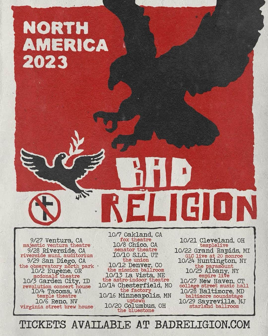 Bad Religionのインスタグラム：「Ya-Hey! We are hitting the road!  PRE-SALE will begin at noon local time TODAY (August 2nd) and end at 10 pm local time TONIGHT!  Pre-sale code is ORCA 🐼🦈 General on-sale is Thursday, August 3rd at 10 AM local time. See you there!  Poster designed by @joshjurk」