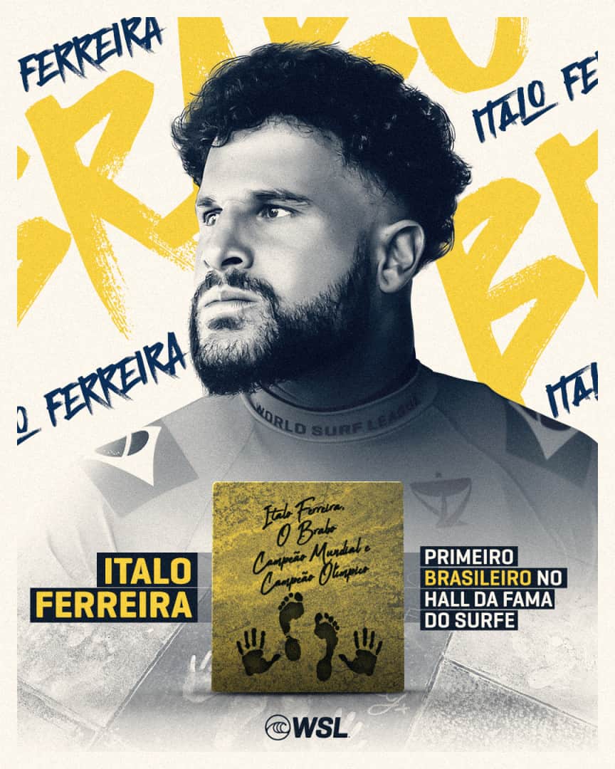 イタロ・フェレイラのインスタグラム：「O BRABO NÃO CANSA DE FAZER HISTÓRIA! 👏 #WSLBrasil   O potiguar, Campeão Mundial e Campeão Olímpico, @italoferreira será o primeiro brasileiro a entrar no Hall da Fama do Surfe.  A homenagem será realizada em Huntington Beach, na Califórnia, no dia 4 de Agosto (próxima sexta-feira).」
