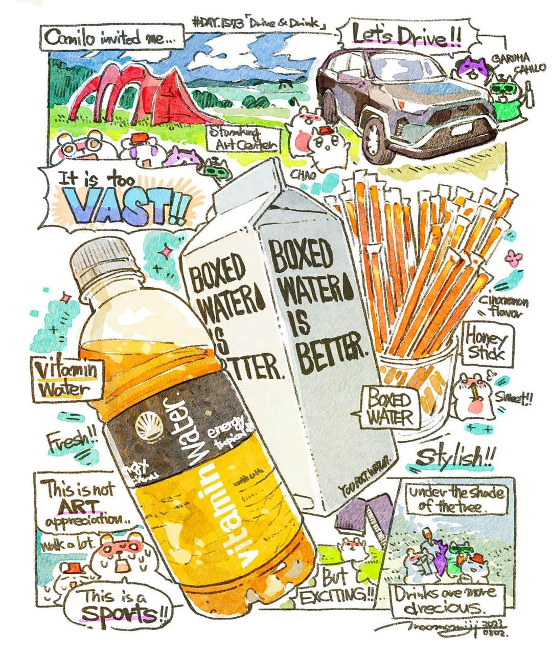 もみじ真魚さんのインスタグラム写真 - (もみじ真魚Instagram)「『#DAY1573/「Drive and drink trip!」』  もみじ真魚/MaoMomiji 2023年8月2日 23:24  The New York road trip is about to begin!  Camilo, a Dominican I met in New York, set us up on a driving tour. How kind! I usually take the subway, but this time it was a driving tour. He showed me many different aspects of New York City. I am glad to see so many different faces of New York!  「ニューヨークドライブ旅はじまるよ！」  ニューヨークで知り合ったドミニカ人のカミーロがドライブツアーをセッティングしてくれました。なんという親切！いつもは地下鉄ですが今回はドライブツアーです。色んなニューヨークを魅せてくれました。ニューヨークの色んな表情が見れて嬉しい！  #日刊ごはんが好き #foodie #foodieart #dailyilovefood  #毎日更新 #foodillustration #fooddrawing #もみじ真魚 #maomomiji #飯テロ #美食 #vitaminwater #boxedwater #stormking」8月3日 12時32分 - maomomiji