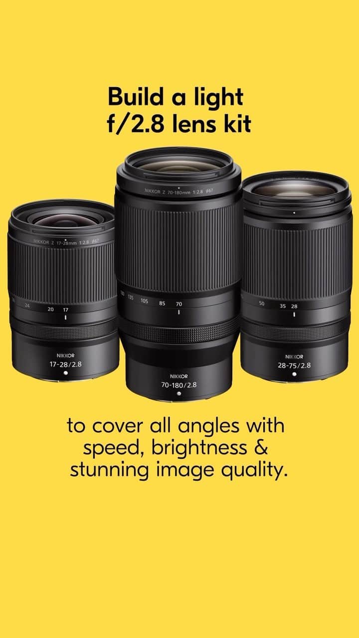 NikonUSAのインスタグラム：「The three lenses every creator needs. The f/2.8 trio is here to deliver 🔥   - NIKKOR Z 28-75mm f/2.8: Versatile. Fast. Affordable. - NIKKOR Z 17-28mm f/2.8: Ultra-wide, fast and bright. - NIKKOR Z 70-180mm f/2.8: Essential f/2.8 telephoto zoom, smaller than ever.  Tap the link in our bio to see why photographers & videographers will want these three lenses in their bag!   #NikonCreators #NIKKORZ #Nikon」