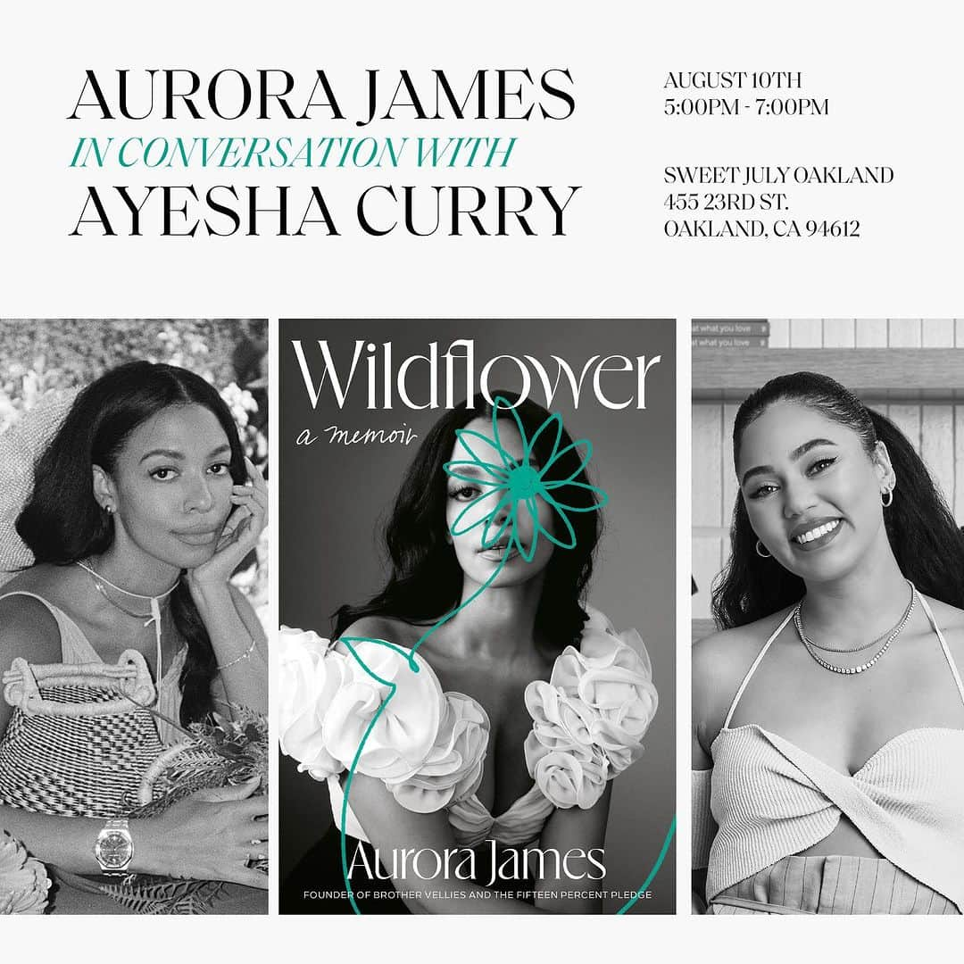 ミスティー・コープランドのインスタグラム：「We are excited to welcome @aurorajames for a conversation with our founder @ayeshacurry, followed by a book signing at our flagship store in Oakland ✨   Designer and activist Aurora James will be chatting about her latest memoir, Wildflower. Wine will be poured by our friends at @prisonerwineco, and attendees will be able to shop in-store with an exclusive 15% off during the event. Link in bio for tickets!」