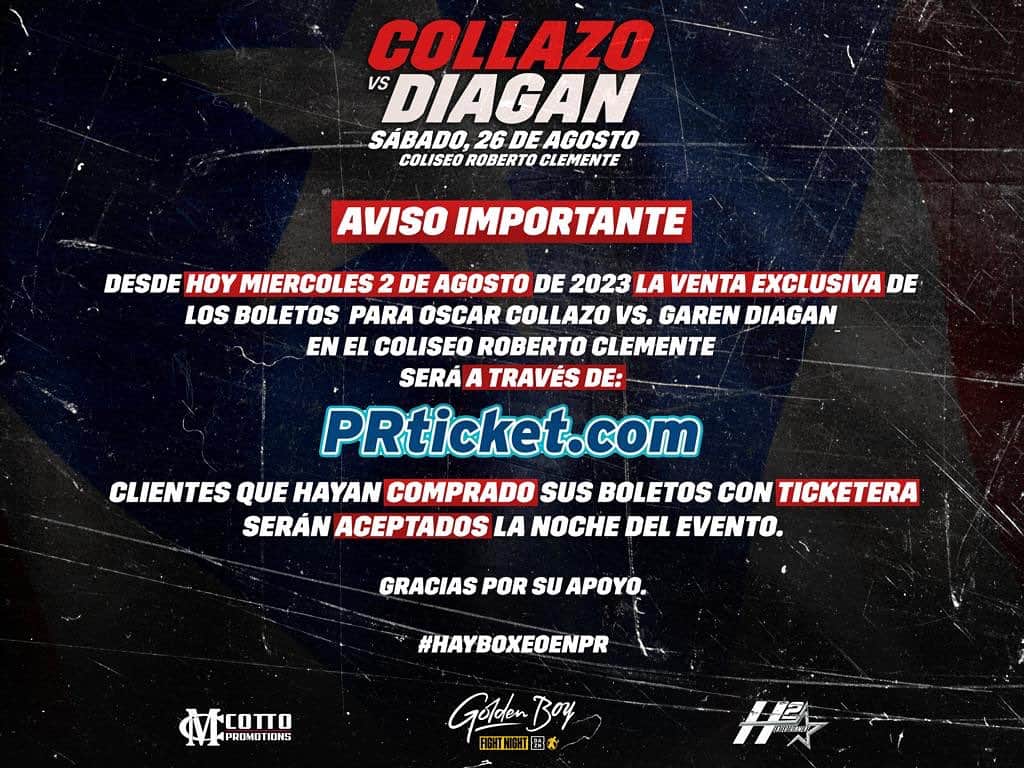 ミゲール・コットのインスタグラム：「‼️AVISO IMPORTANTE‼️ 🎟️A PARTIR DE LAS 6PM, LOS BOLETOS ESTARÁN DISPONIBLES EXCLUSIVAMENTE A TRAVÉS DE @prticket 🎟️ SI COMPRASTE BOLETOS A TRAVÉS DE TICKETERA, NO TE TIENES QUE PREOCUPAR💪🏽🔥  #CollazoDiagan #HayBoxeoenPR」
